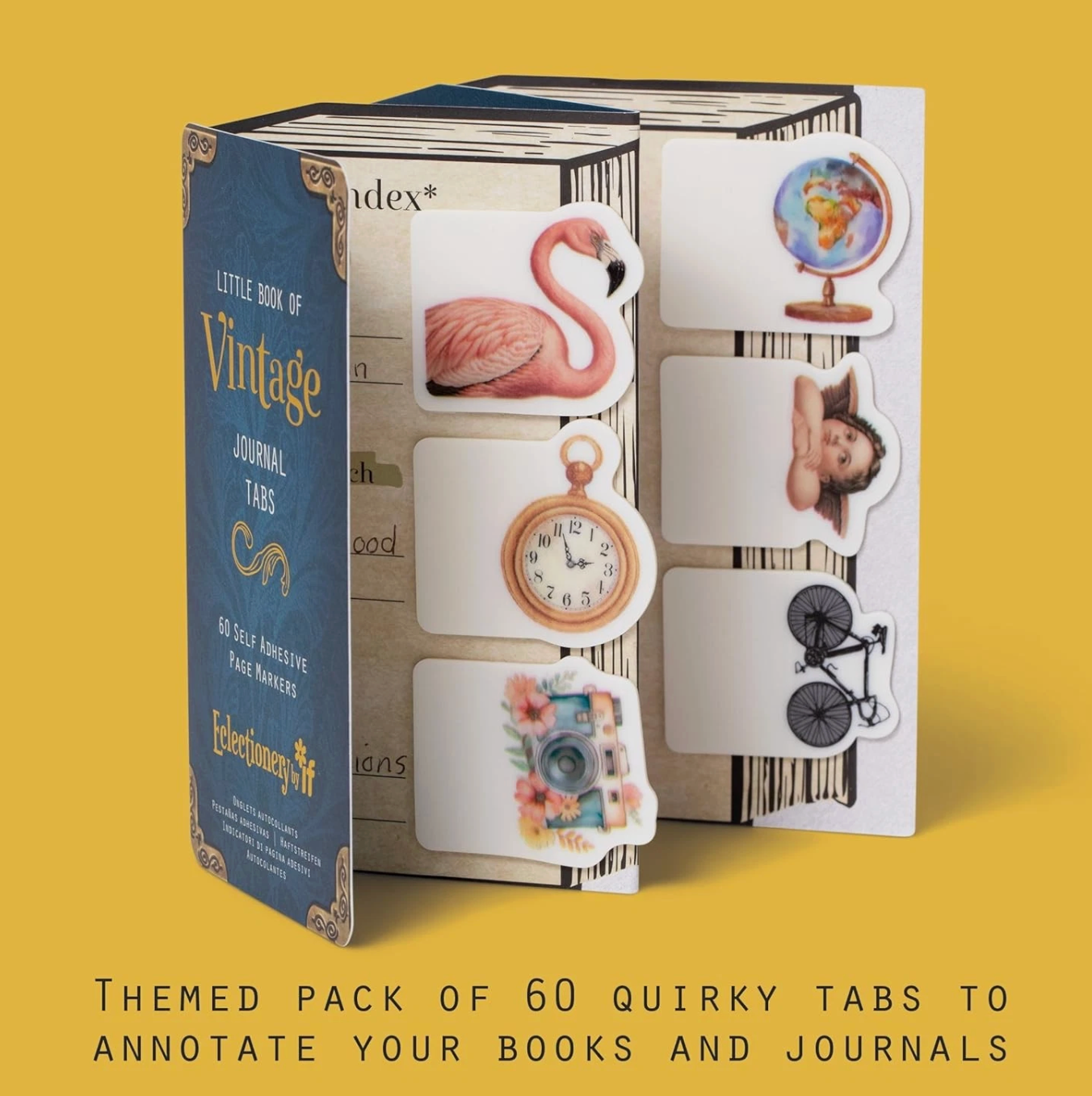 Pack of vintage-themed journal tabs with decorative designs on a yellow background
