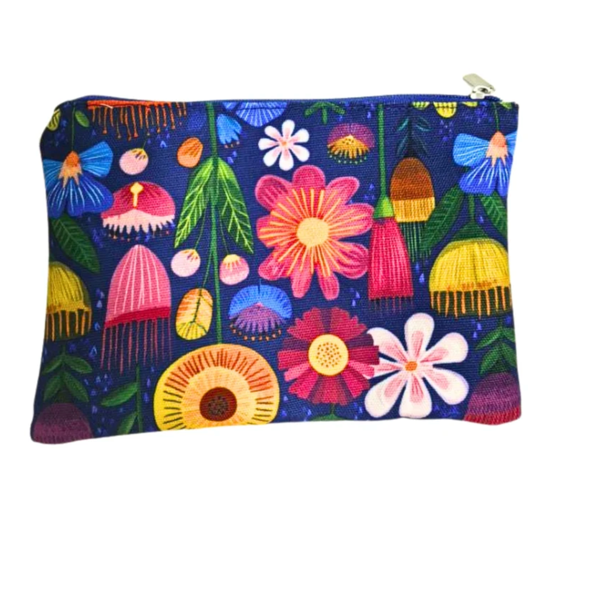 A rectangular zippered pouch featuring a vibrant, multicolored pattern of flowers, leaves, and jellies on a dark navy blue background, shown against a plain white background.