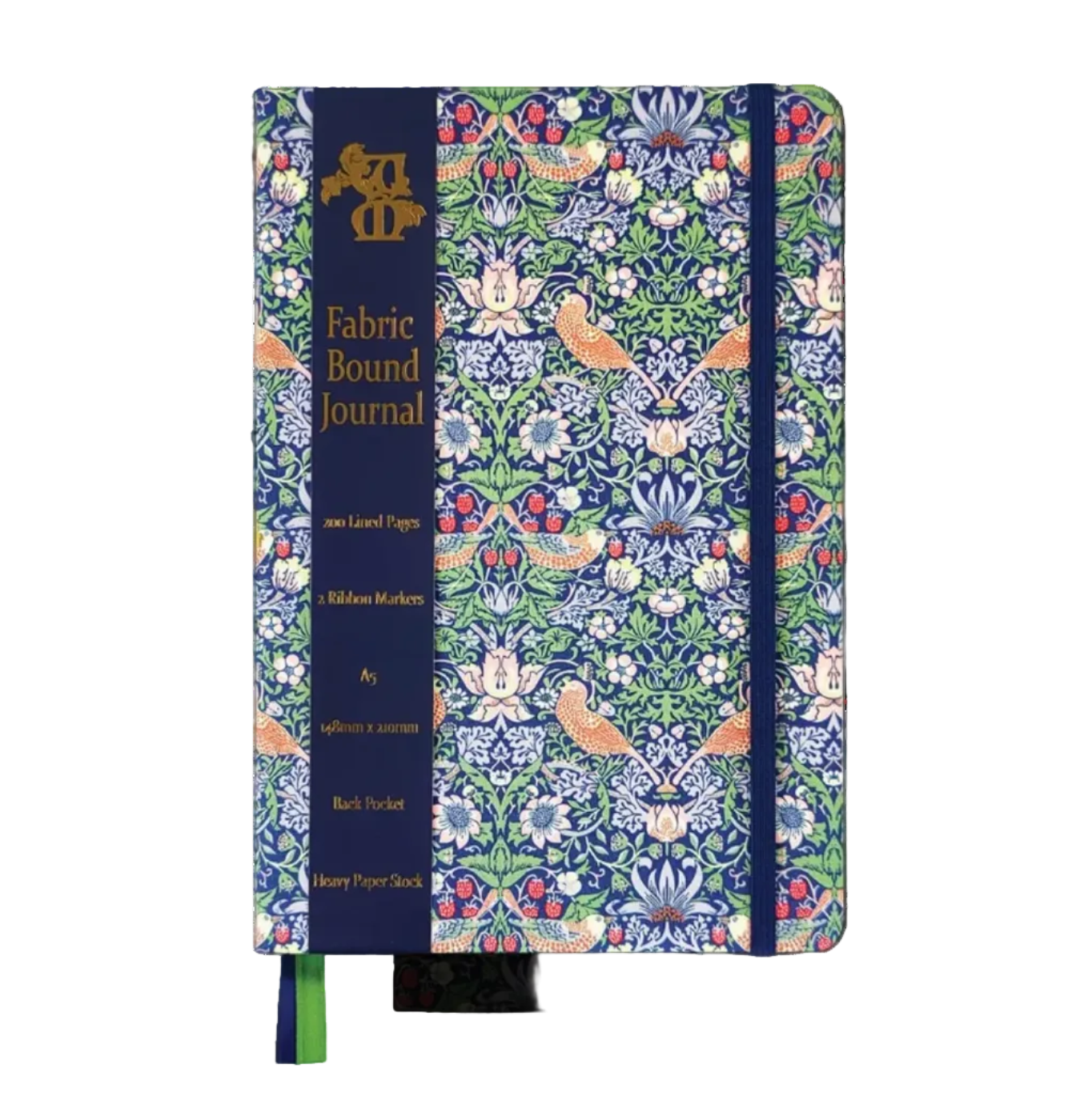 A fabric-bound journal with a navy blue spine and a detailed floral pattern cover featuring green leaves, white flowers, and orange birds. The front cover is navy blue with gold text reading 'Fabric Bound Journal' and author names.