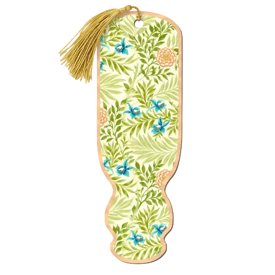 A decorative wooden bookmark with a gold tassel, featuring a botanical pattern of green leaves, blue flowers, and peach blossoms on a pale green background, framed by a light beige border.
