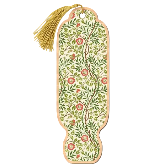 A decorative paper bookmark with a gold tassel, featuring a William Morris-style floral and leaf pattern in green, pink, and cream, set against a very light off-white background.