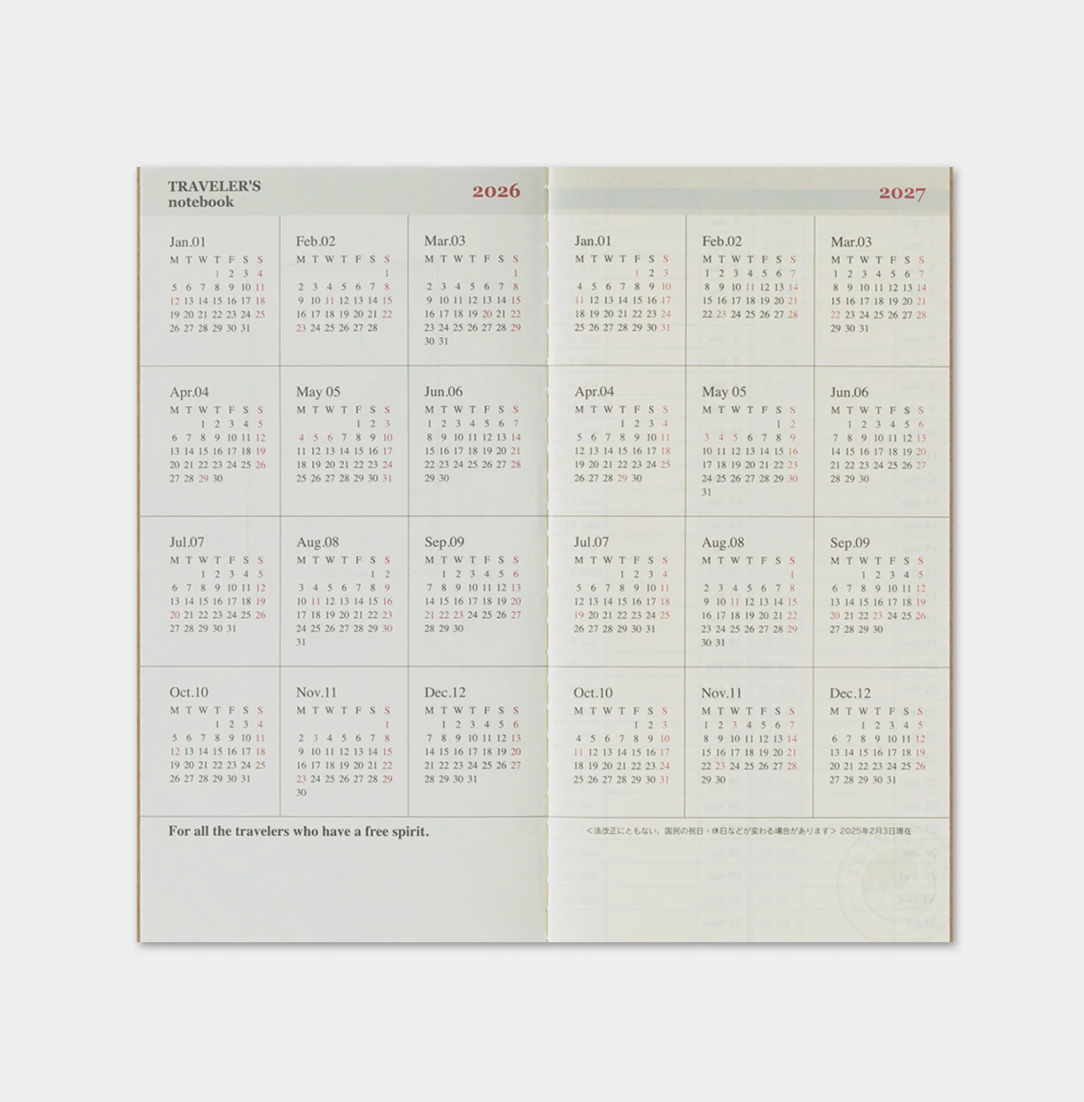 Calendar pages from a traveler's notebook spanning 2026 and 2027 on a white background.