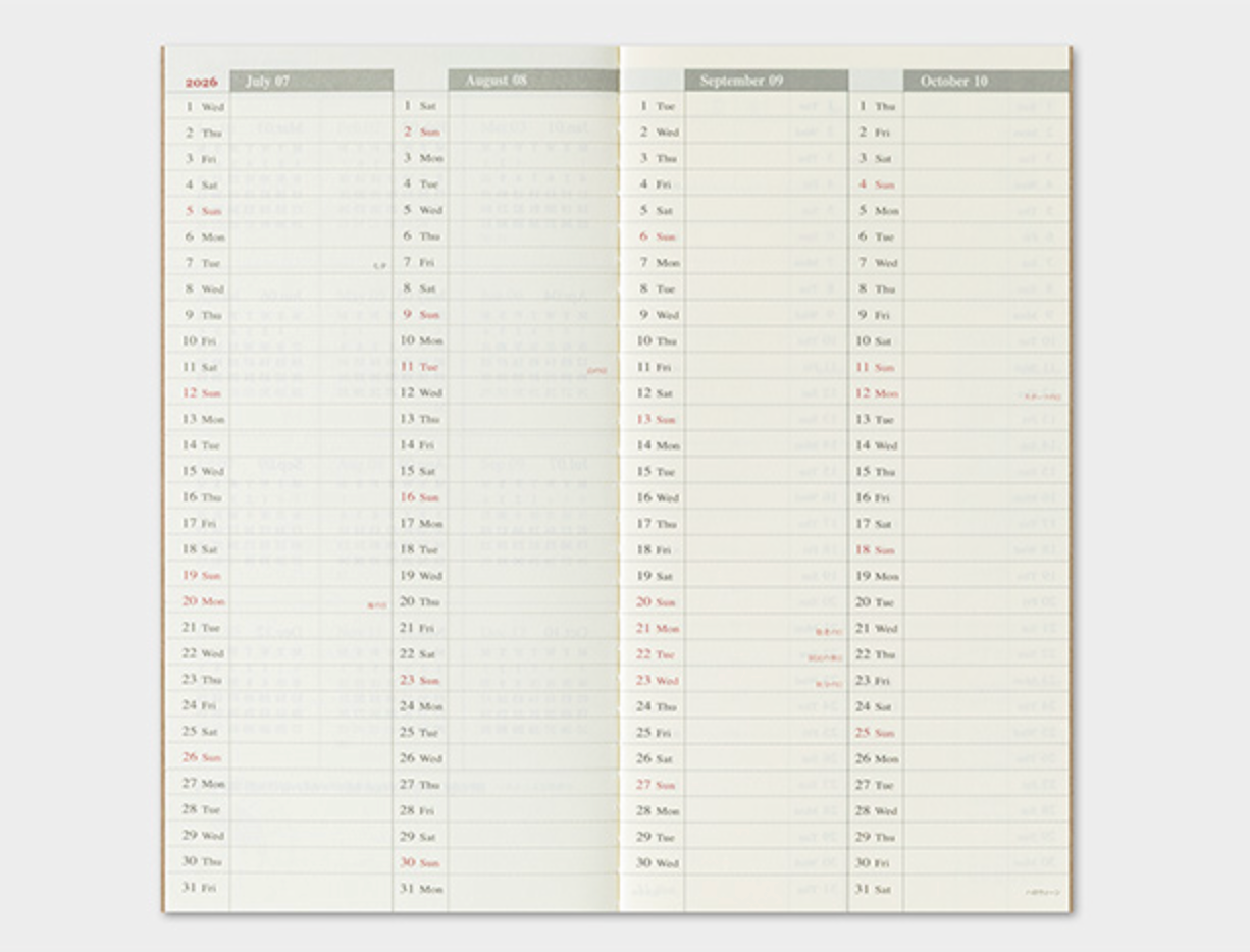 Two calendar pages showing a month-by-month schedule from August to October on a white background.