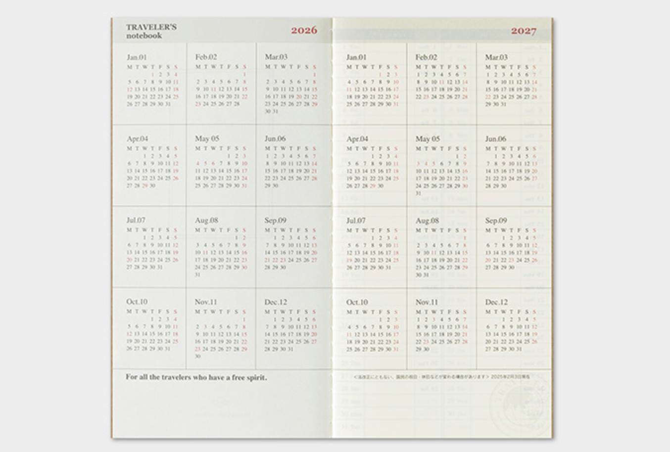 Calendar for the years 2026 and 2027 on a white background