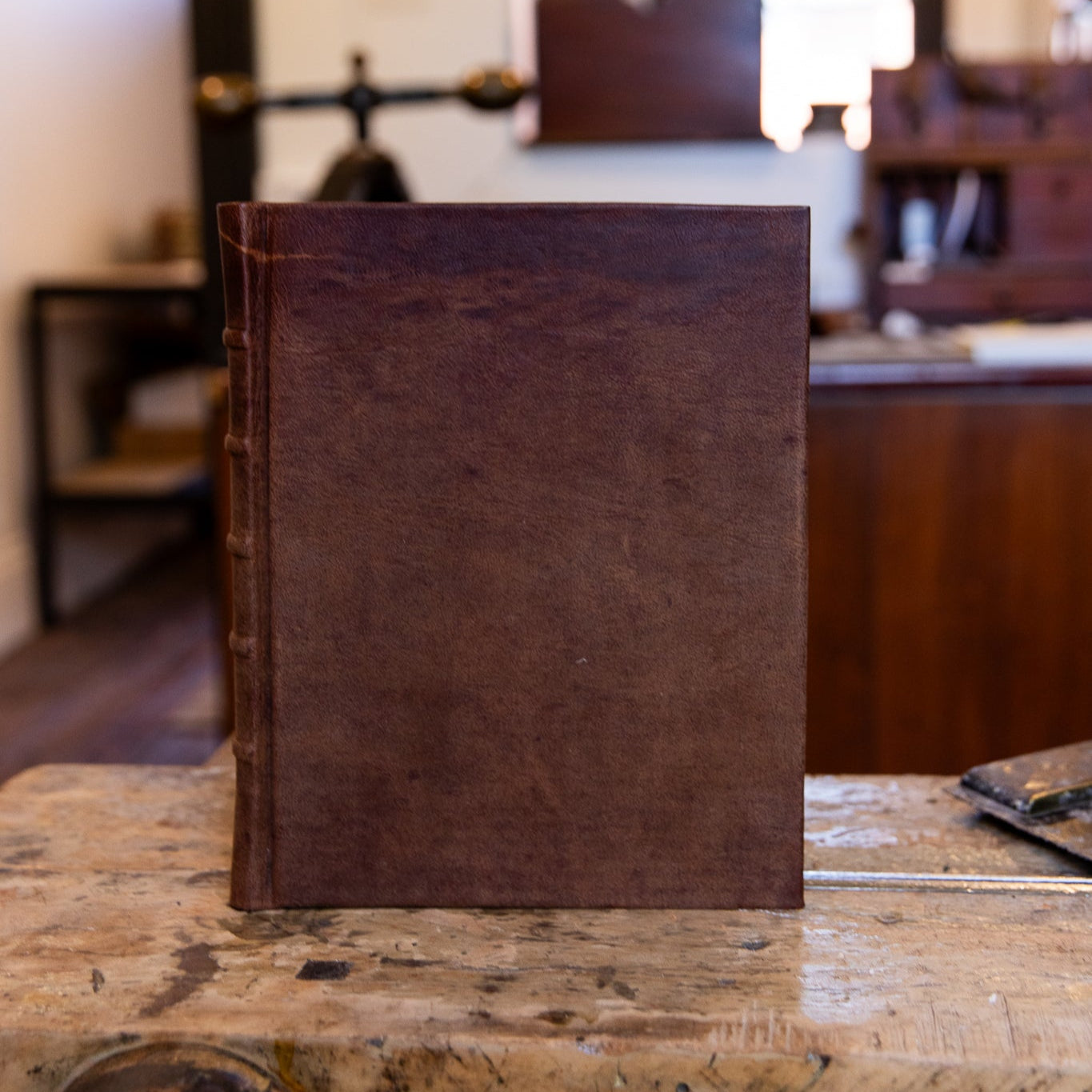 Front-facing image of the large SB Libris full leather journal in aged goatskin, showcasing the deep patina and craftsmanship of the cover.