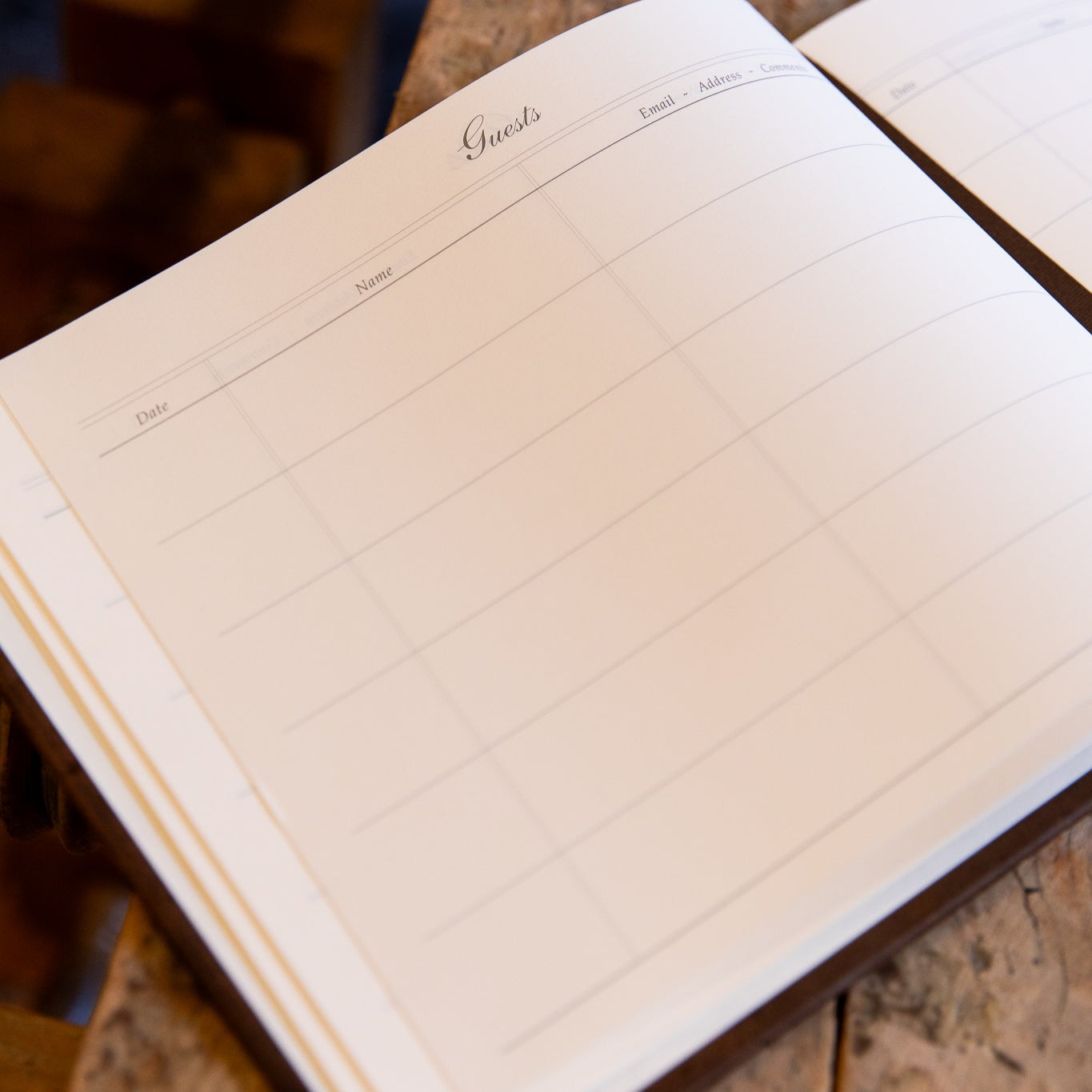 Detailed view of the printed guest book pages with elegant script heading and lined columns, bound in aged goatskin leather.