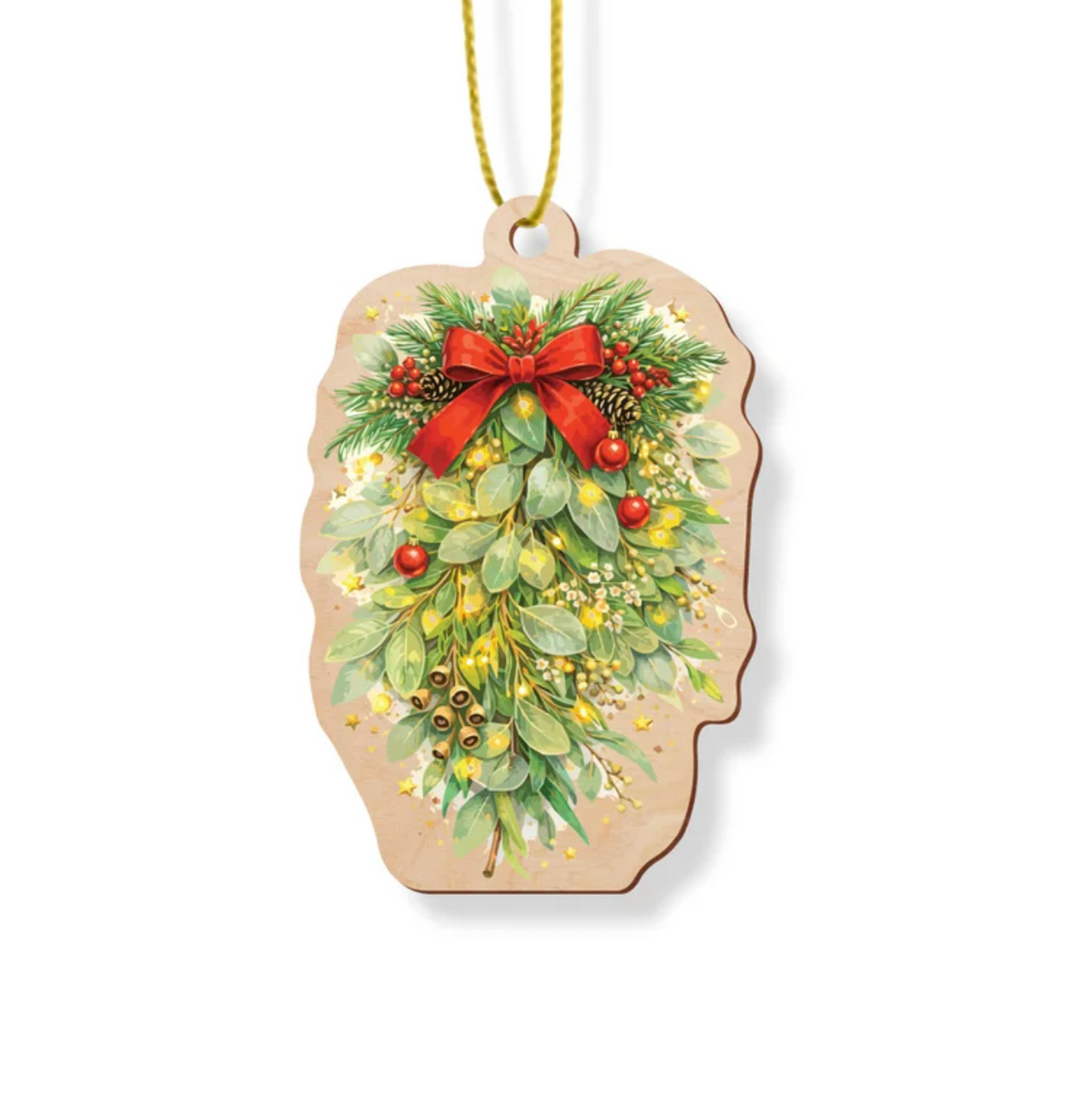Wooden Christmas ornament with a bunch of eucalyptus leaves, gumnuts and a red bow, on gold hanging cord