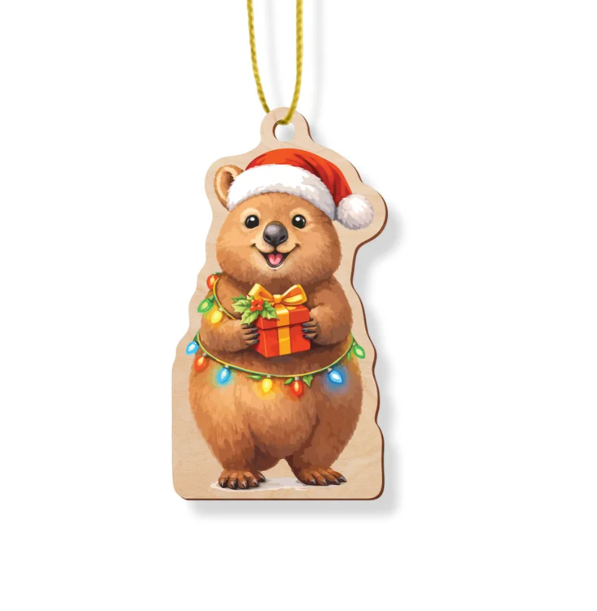 Wooden Christmas ornament shaped like a smiling quokka in a Santa hat holding a present