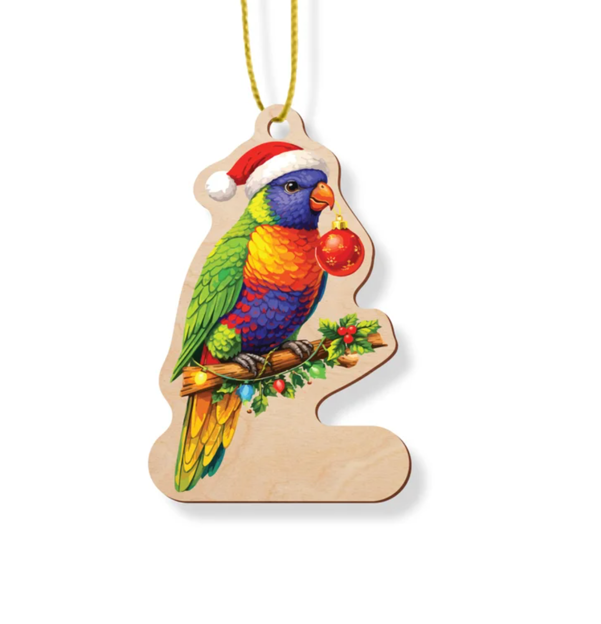 Wooden Christmas ornament shaped like a rainbow lorikeet in a Santa hat on a branch