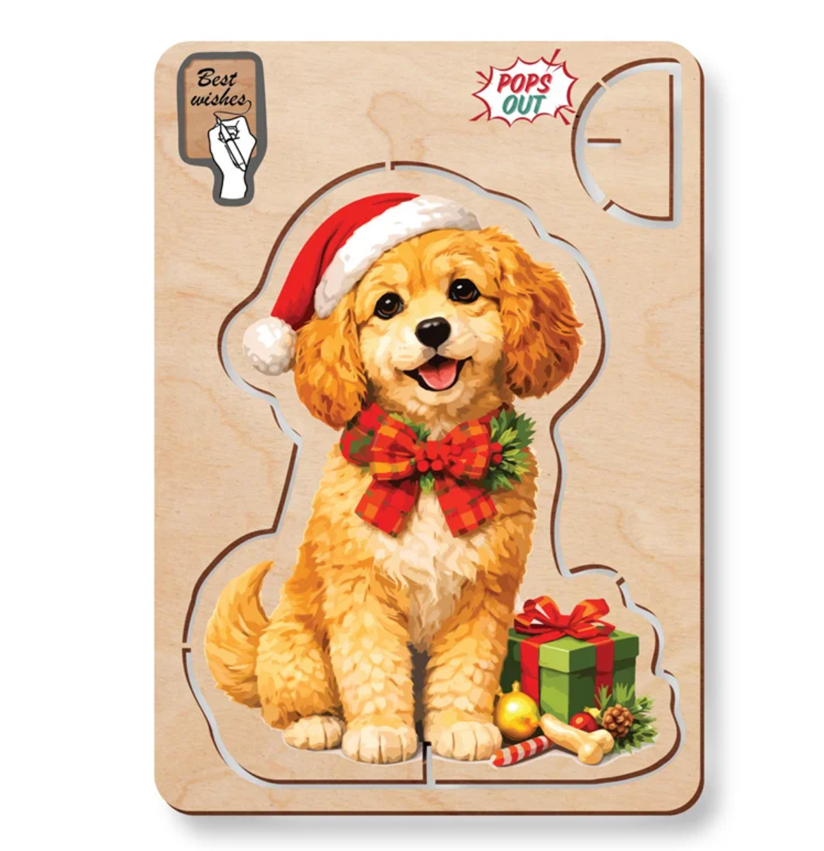 Wooden pop-out Christmas card with a cavoodle puppy in a Santa hat and tartan bow