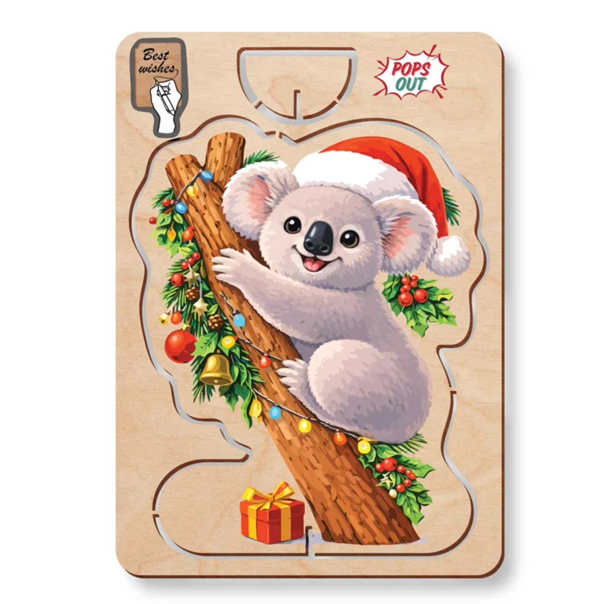 Wooden pop-out Christmas card with a koala in a Santa hat climbing a decorated gum tree