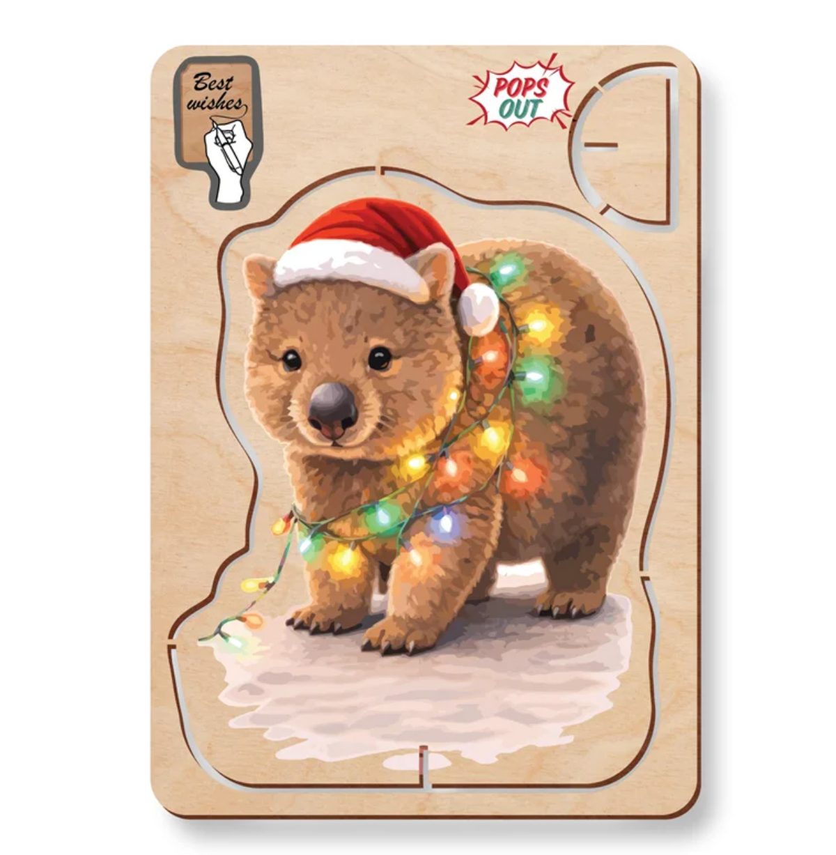 Wooden pop-out Christmas card with a wombat in a Santa hat wrapped in fairy lights