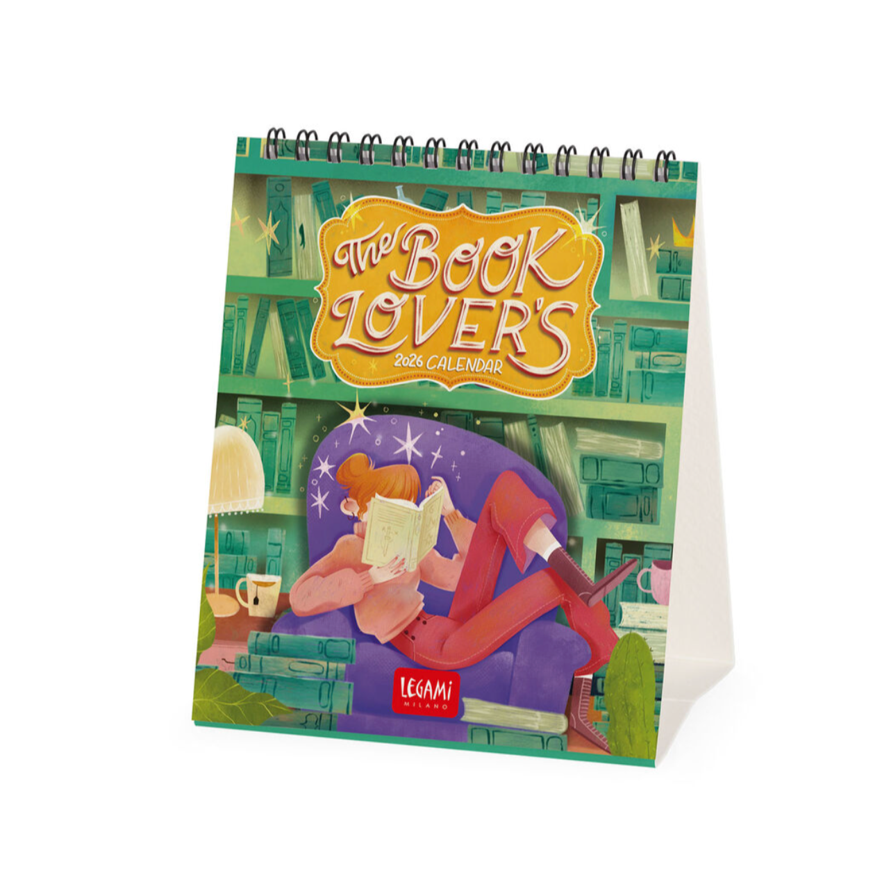 Calendar titled 'The Book Lover's' with a design of a person on a couch in a room filled with books.