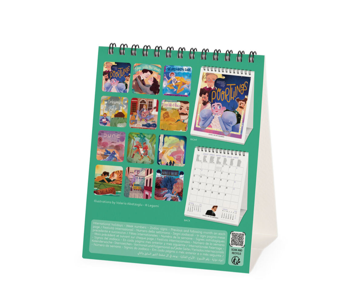 Desk calendar with animated character images on a white background