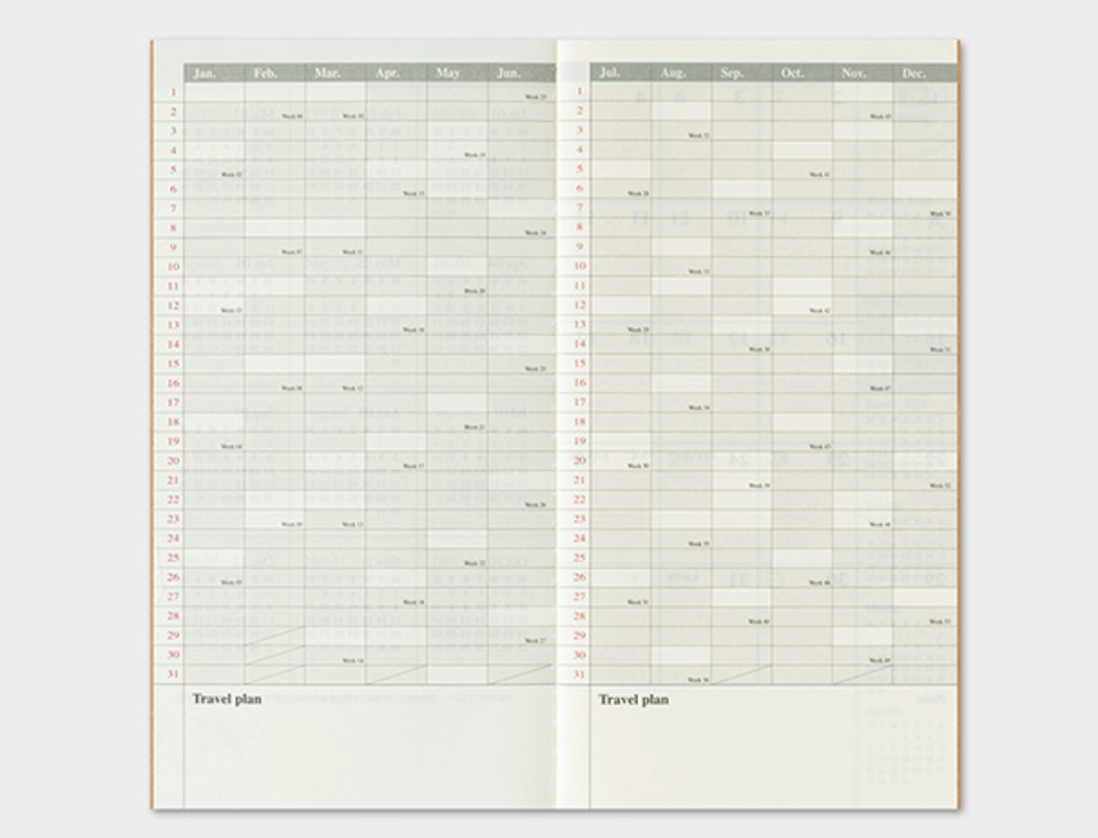 Two pages of a travel plan calendar on a white background