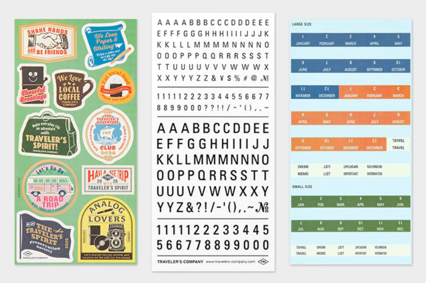 Collection of stickers, letters, numbers, and a color swatch on a white background