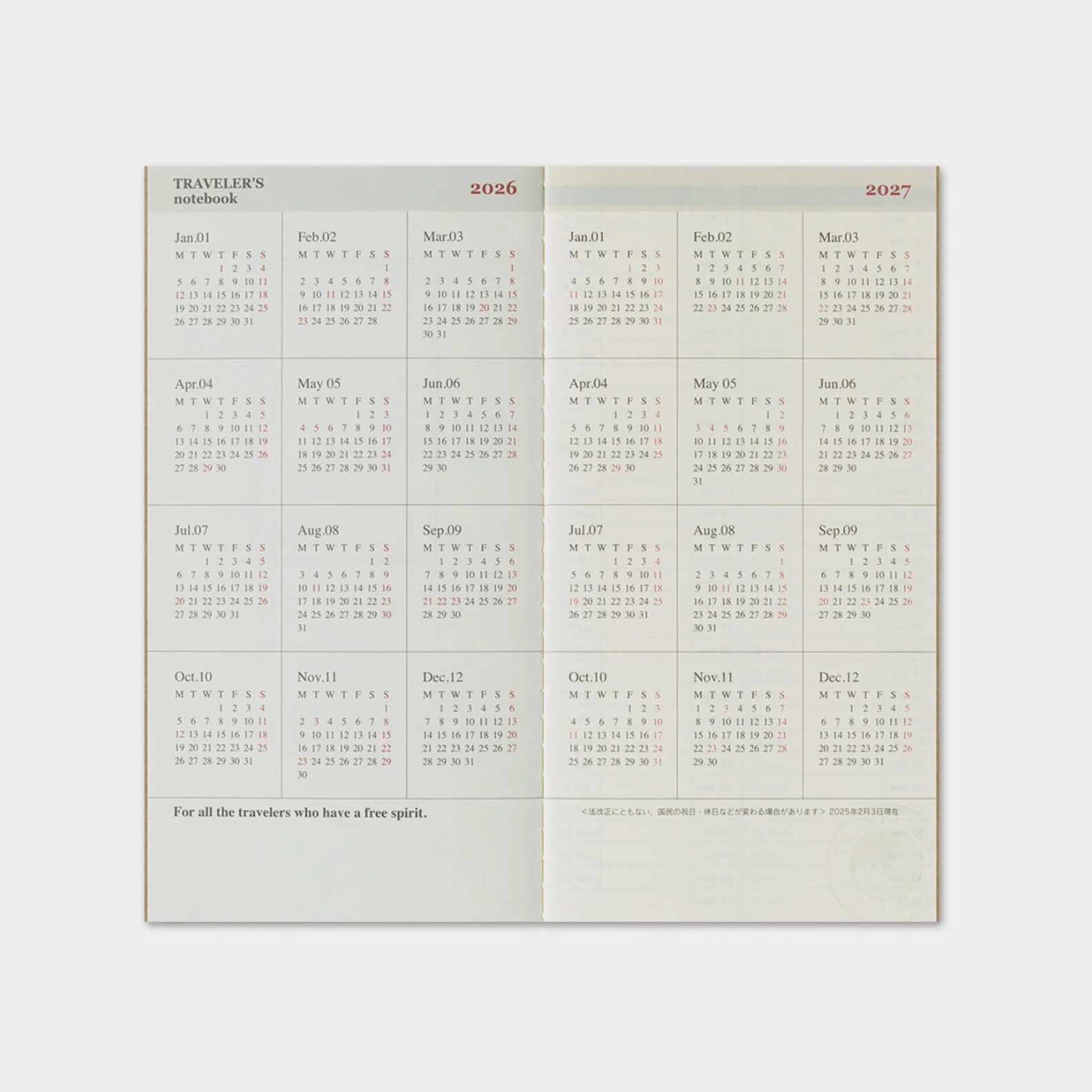 Calendar for 2026 and 2027 on a white background