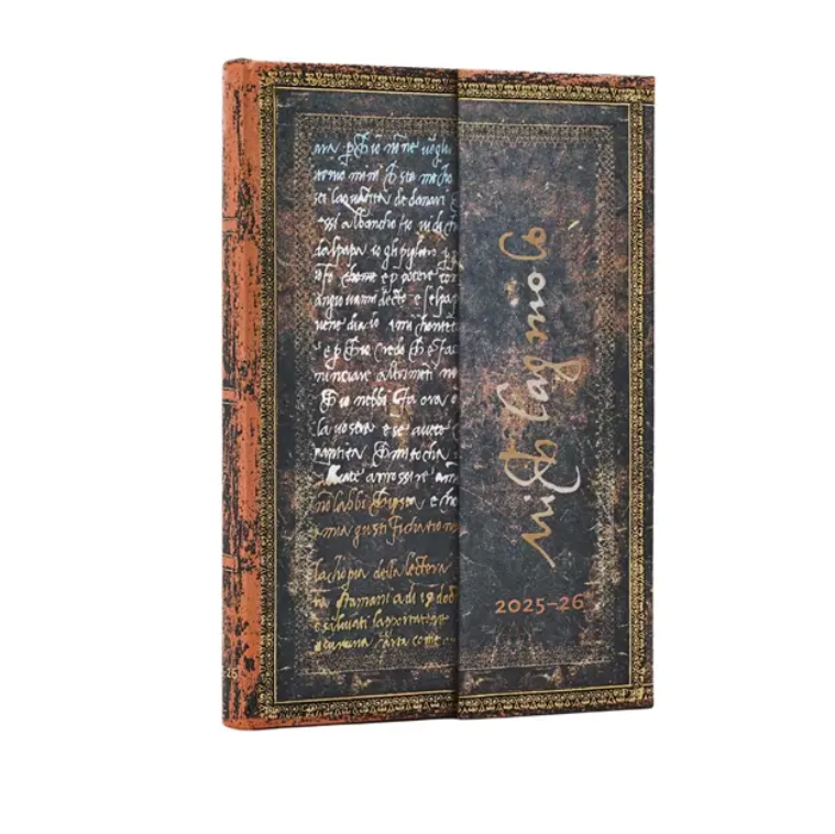 Michelangelo handwriting planner with text and gold accents on a white background