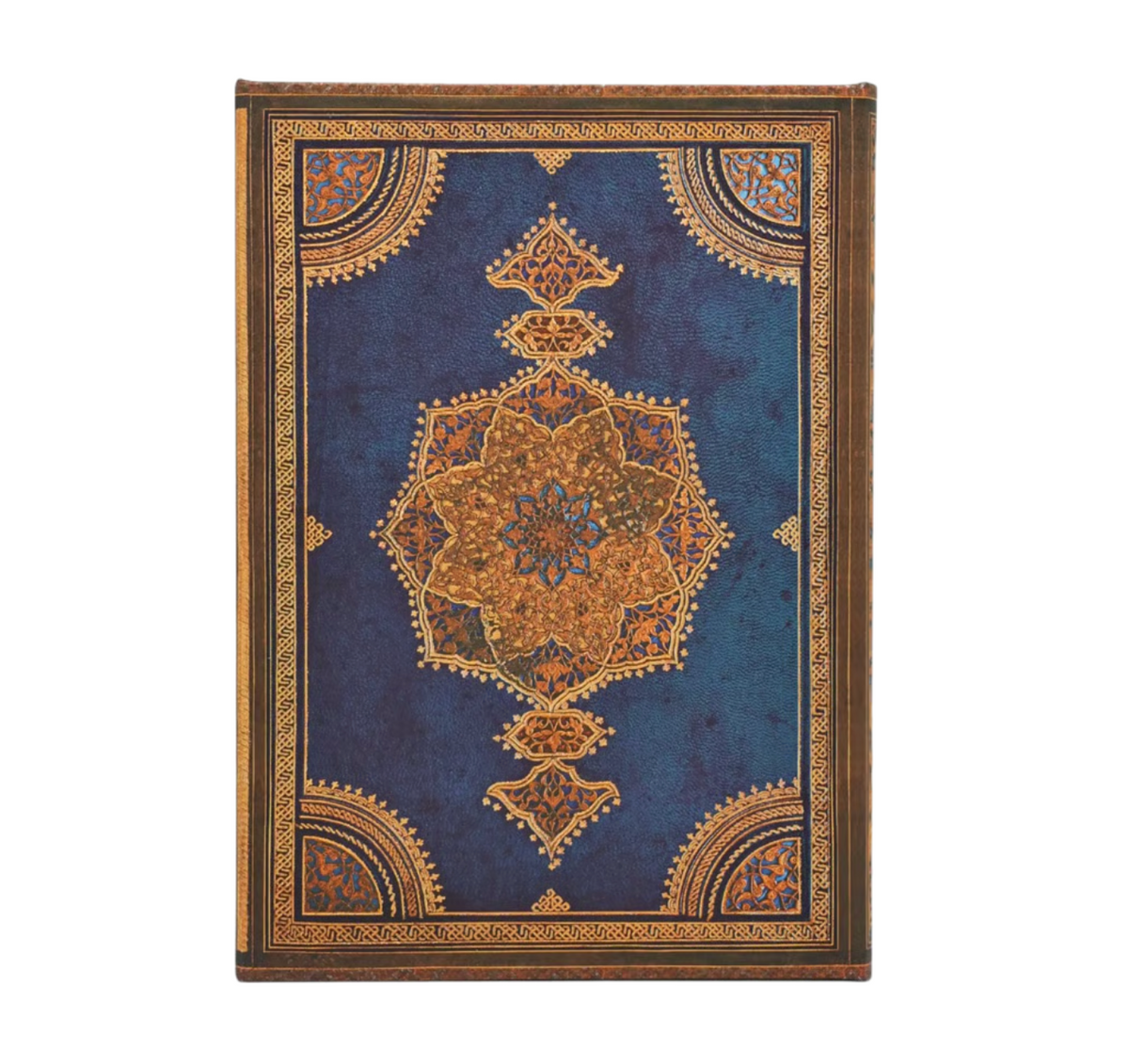 A journal with an ornate dark blue cover featuring intricate gold and orange geometric floral patterns, shown against a plain white background.