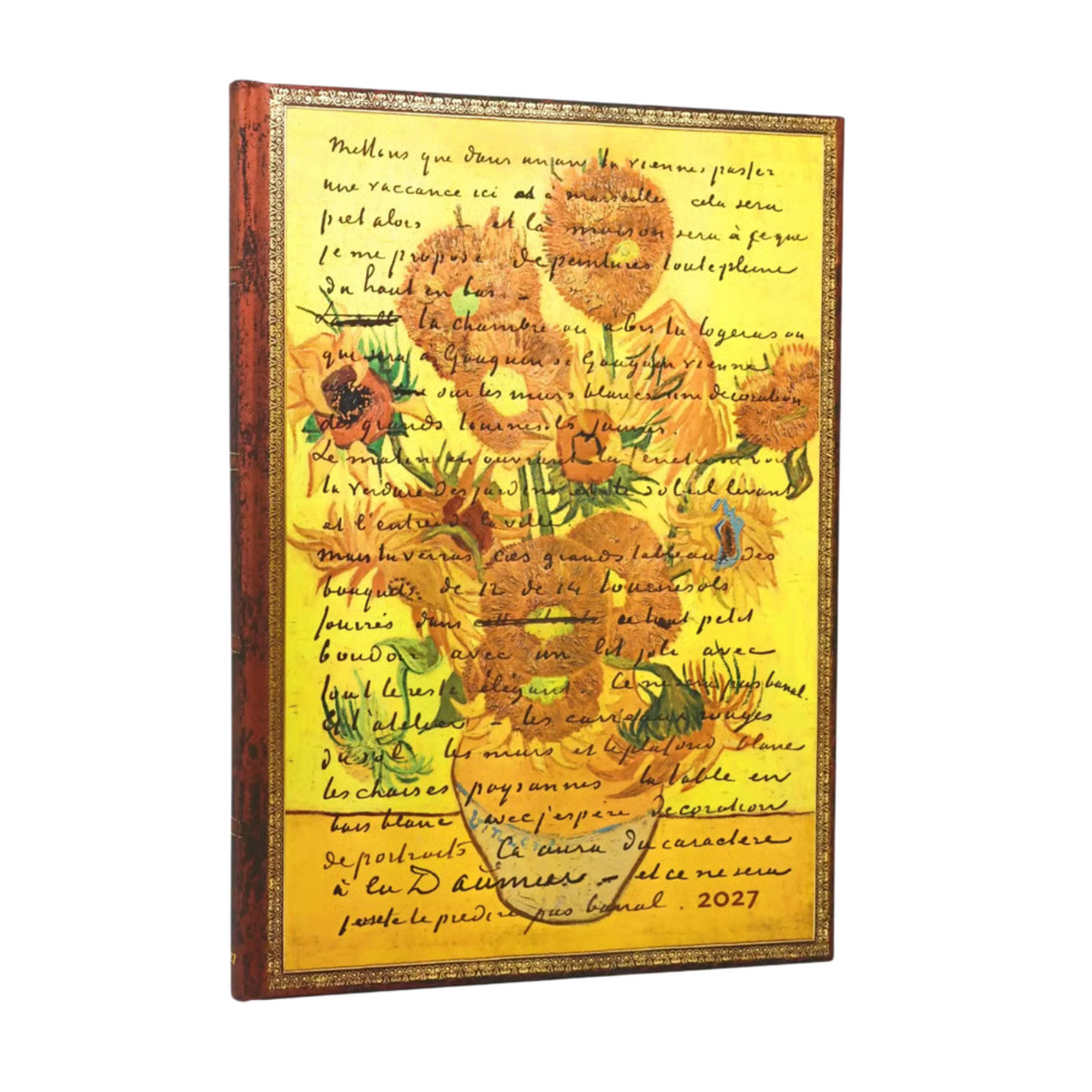 A 2027 planner featuring a yellow sunflower illustration over a background of cursive handwritten script, with a brown ornate border and visible depth on the left side.