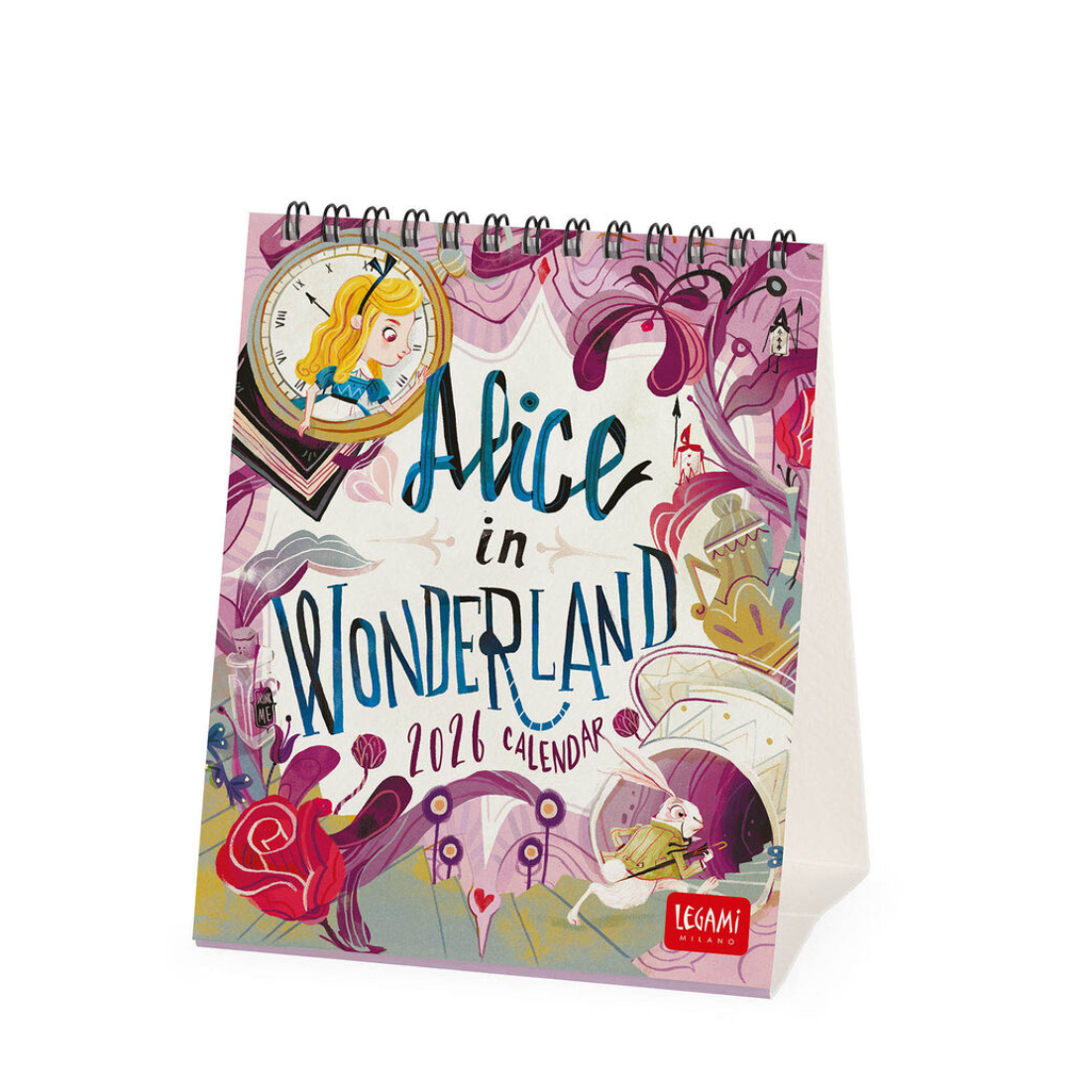 2021 Alice in Wonderland calendar with colorful design on a white background