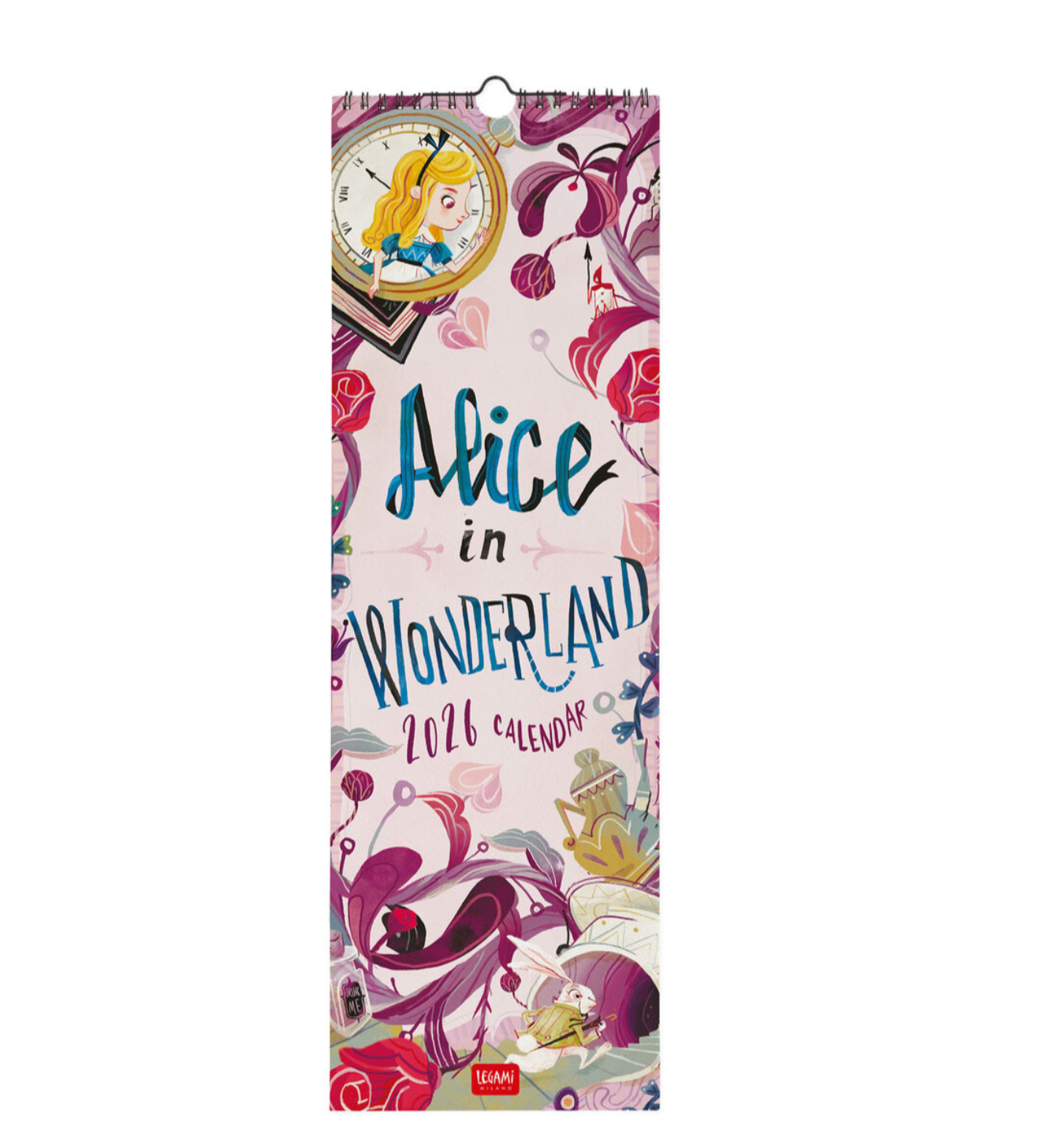 2026 calendar featuring Alice in Wonderland design on a white background