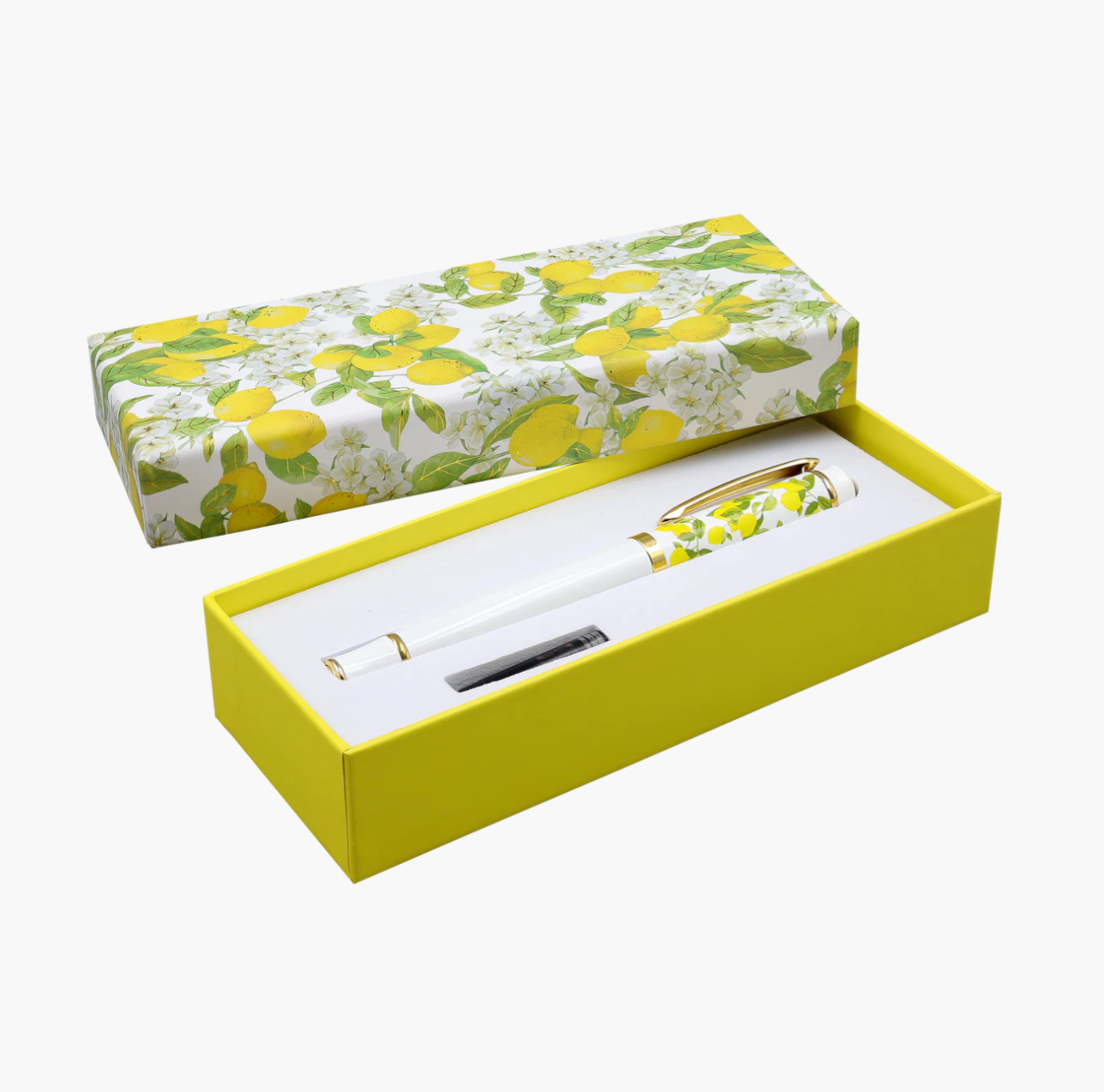 Pen set with floral patterned box on a white background