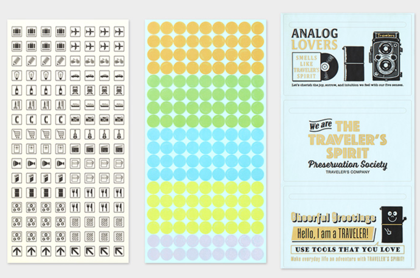 Three sheets of stickers with different designs on a white background