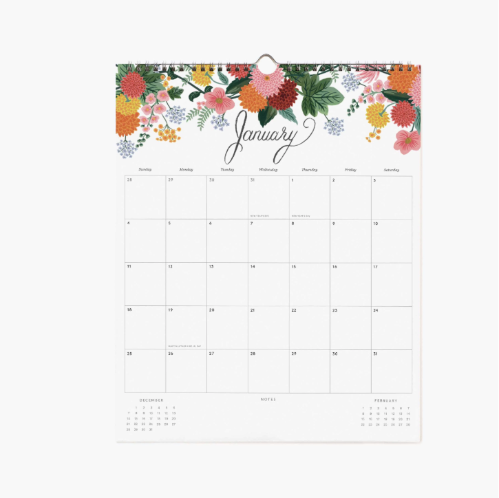 Calendar for January with floral design on a white background