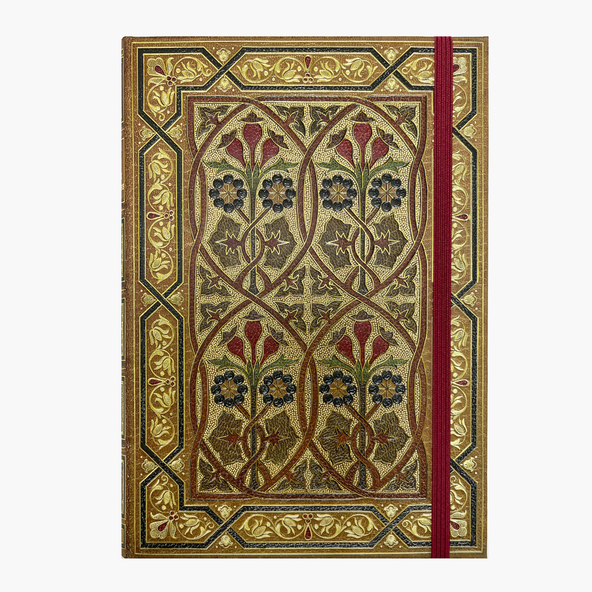 Decorative notebook with intricate floral patterns and a red ribbon on a white background