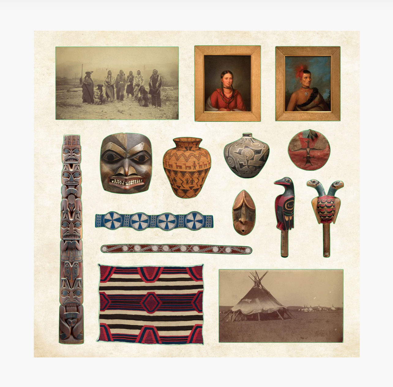 Collection of Native American artifacts including masks, pottery, and a tipi on a beige background.