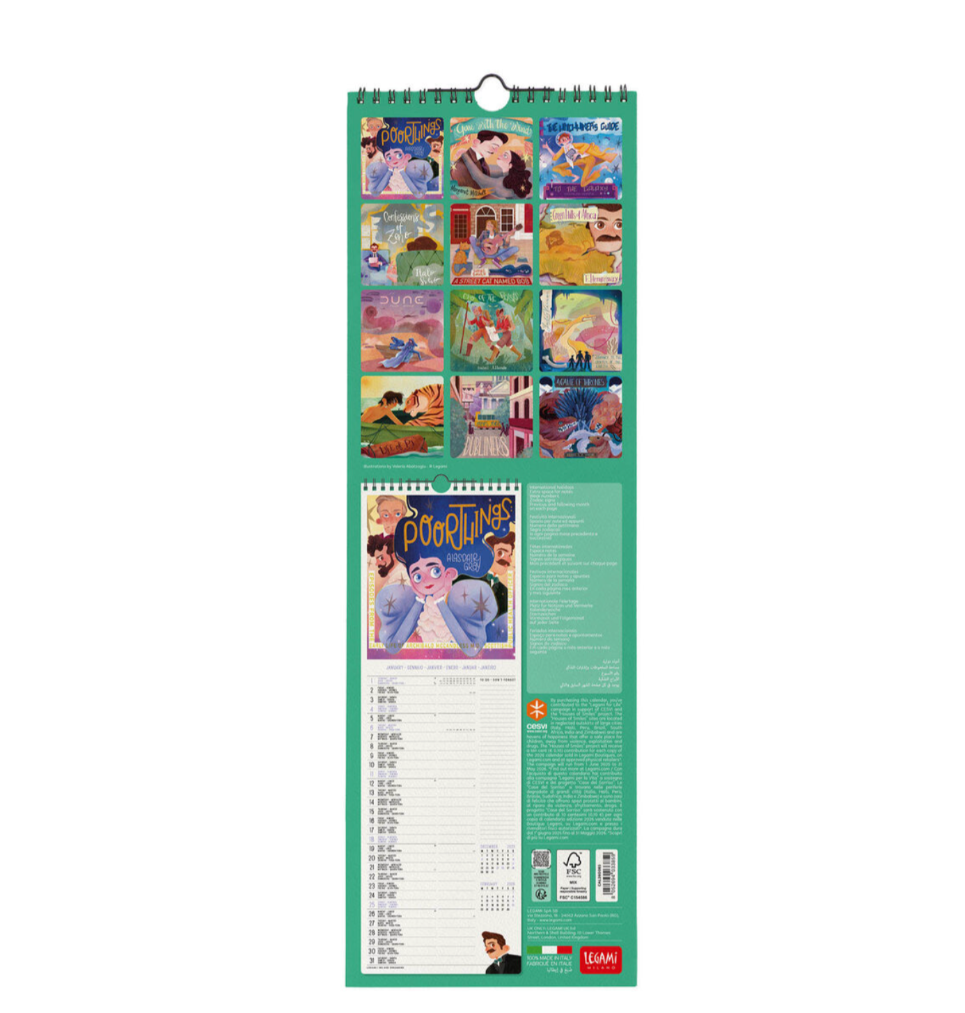 Vertical calendar with cartoon character images on a green background