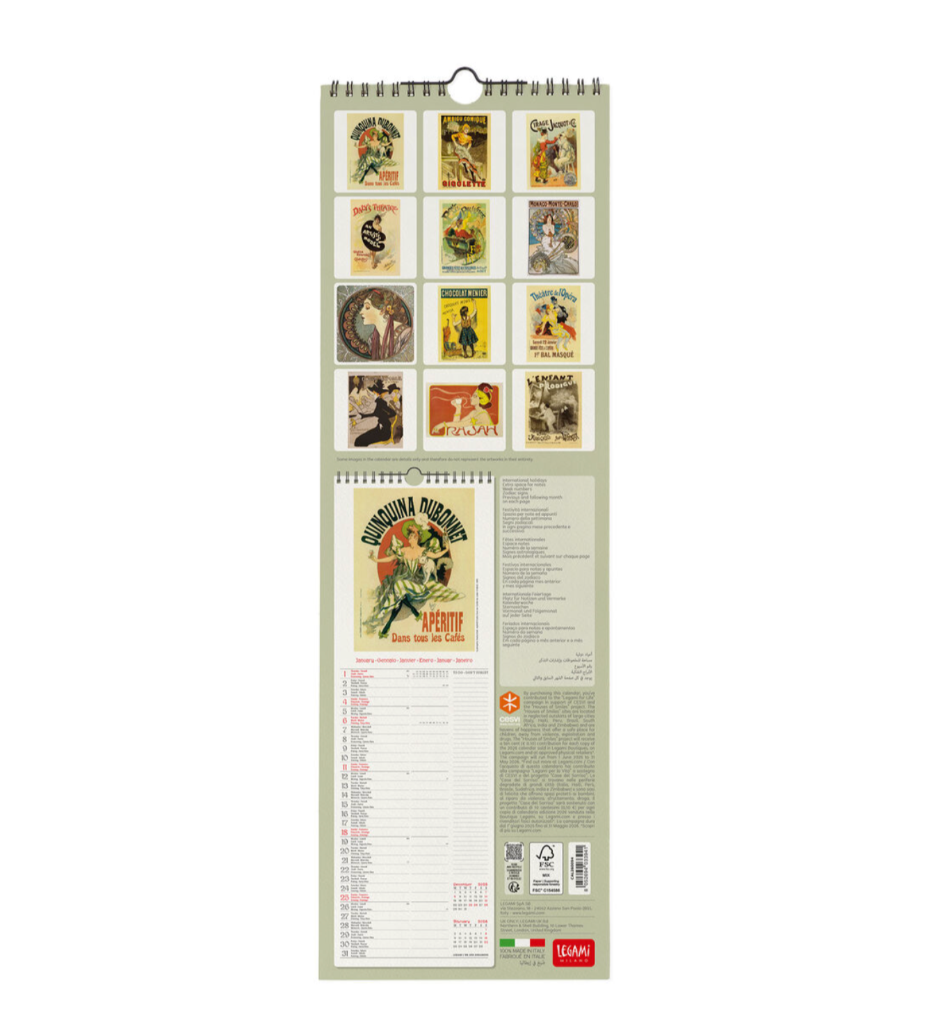 Wall calendar with vintage-style posters on a white background