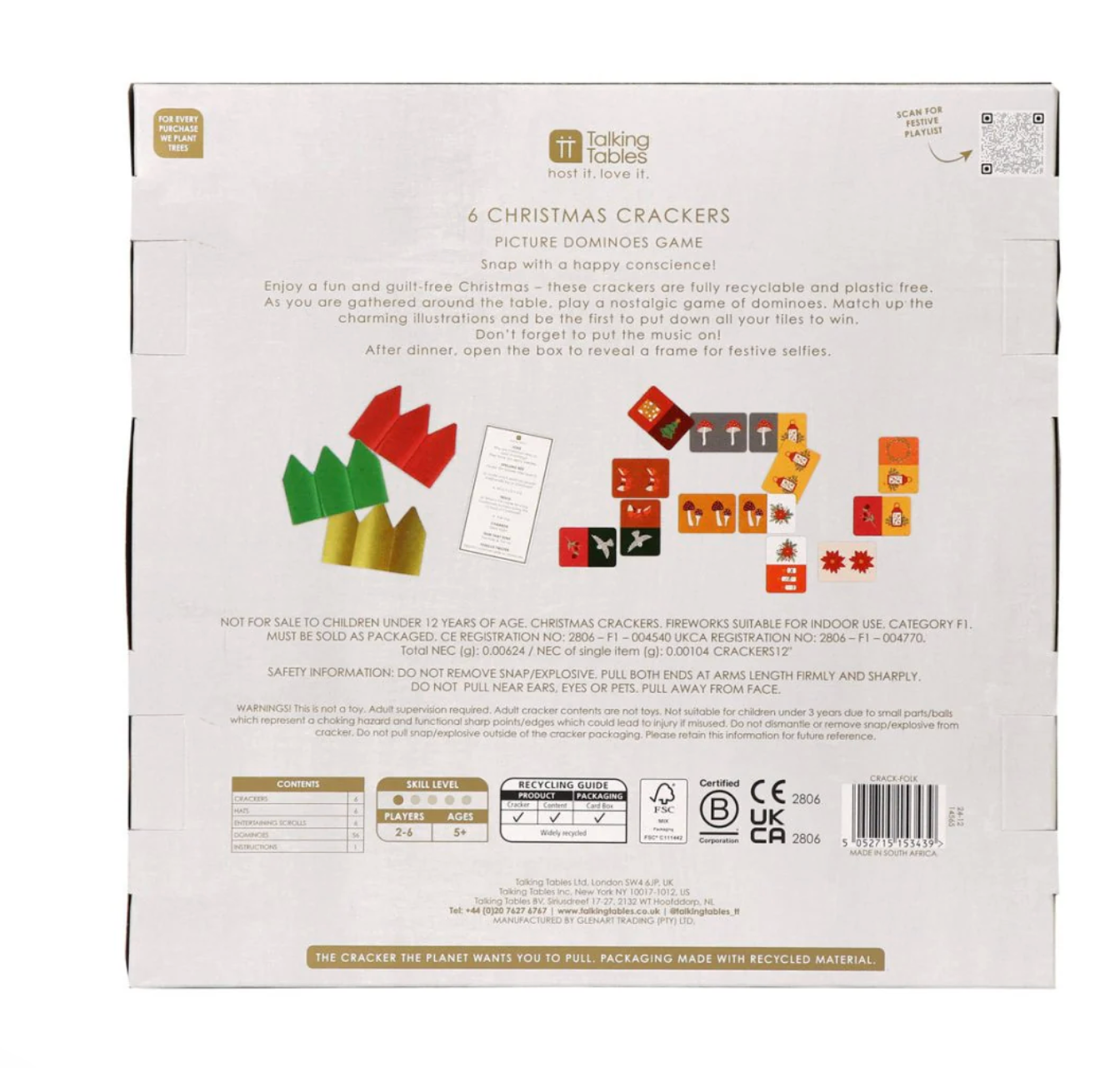 Back of a Christmas cracker packaging with illustrations and text.