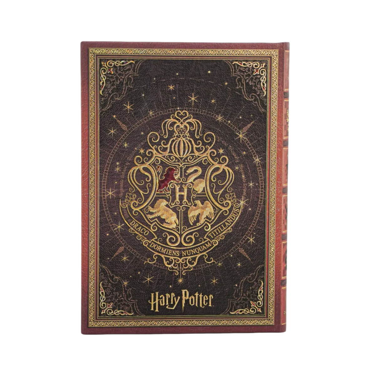 A Harry Potter themed hardcover notebook or journal featuring a dark brown textured cover with gold Hogwarts crest, stars, and ornate borders, and a red-brown spine.
