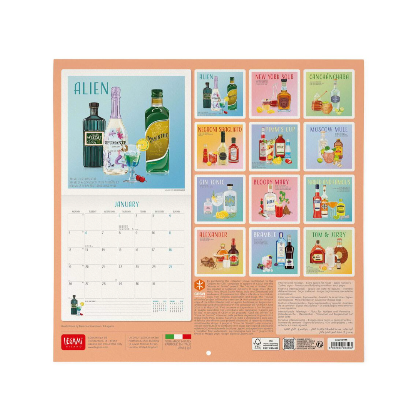 Calendar with illustrated bottles and drinks on a white background