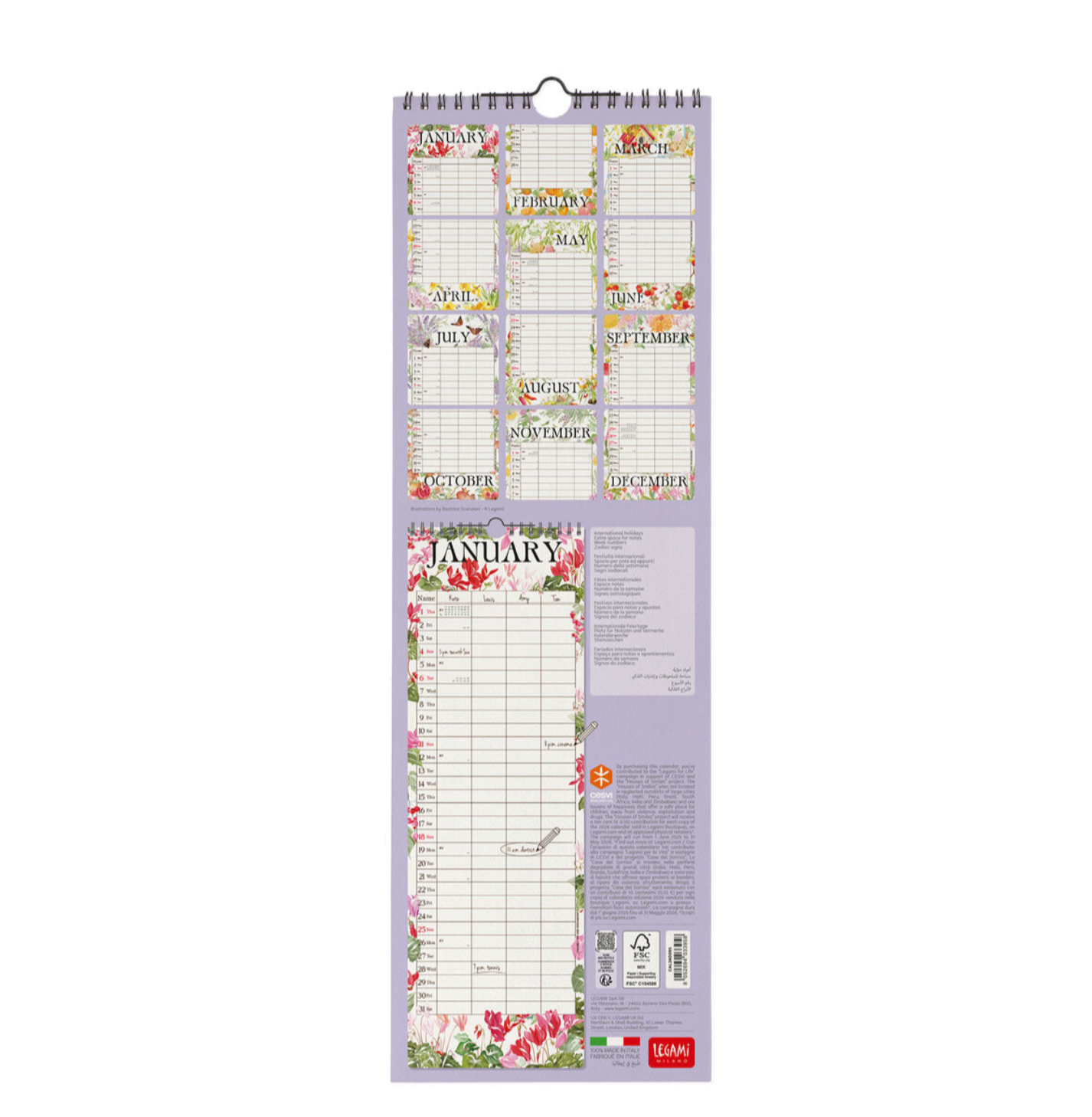Wall calendar with floral design on a white background