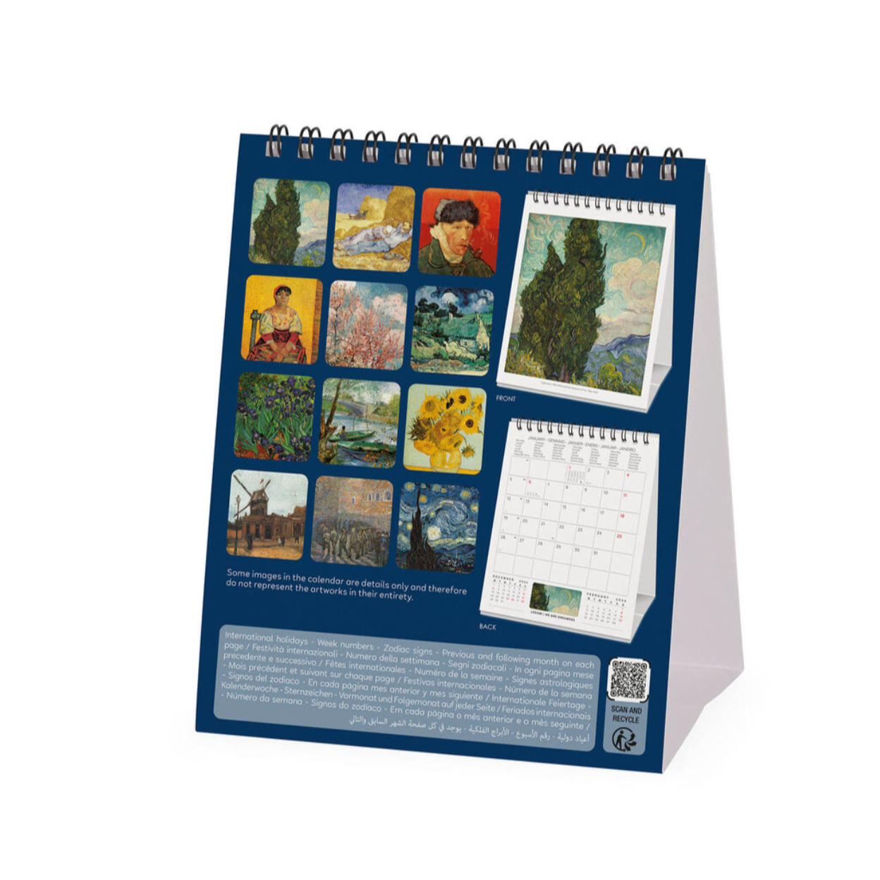 Desk calendar with artistic images on a white background