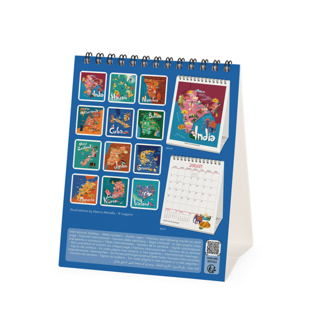 Desk calendar with colourful maps of different countries on a blue background