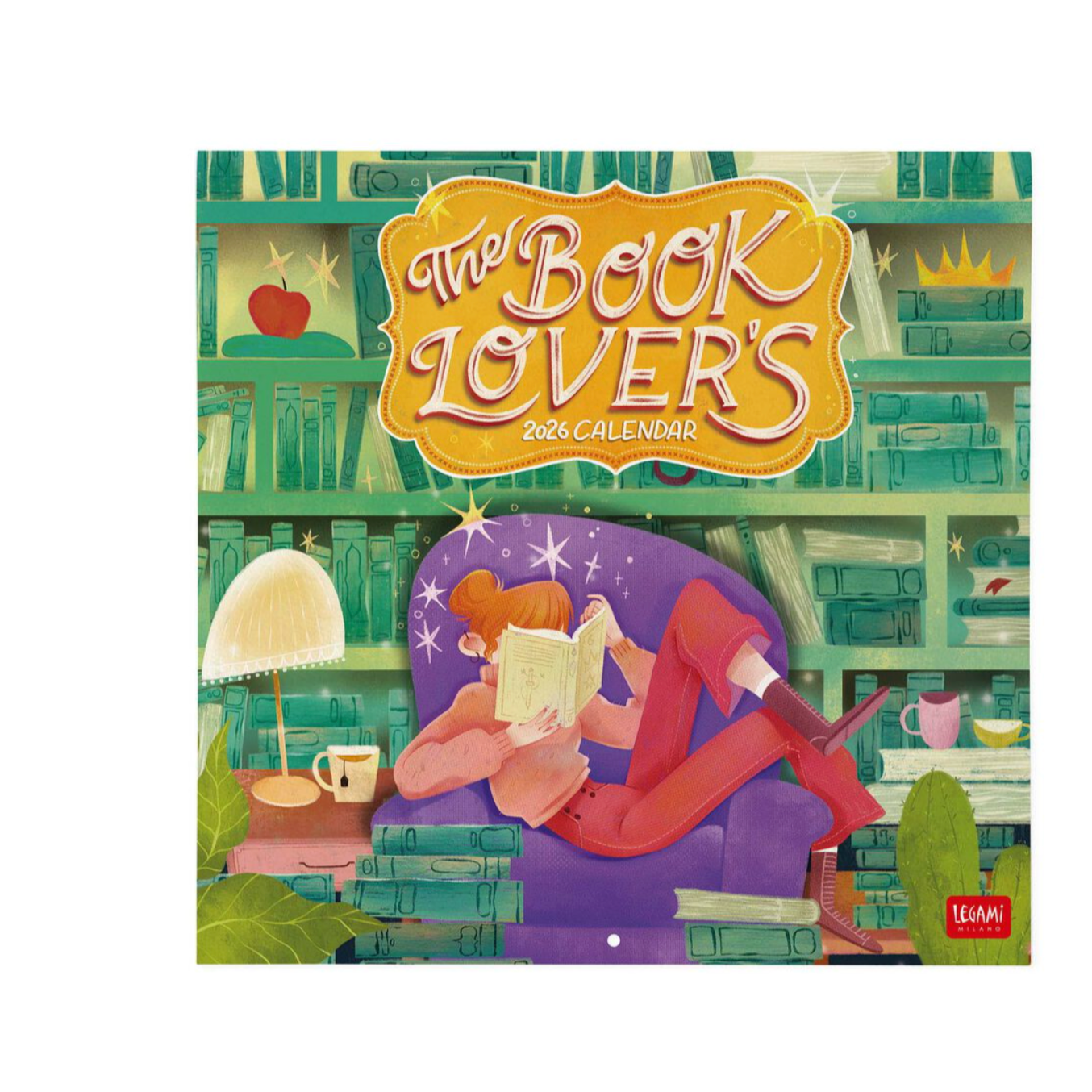 Calendar cover for 'The Book Lover's' with a person reading a book on a couch in a library setting.