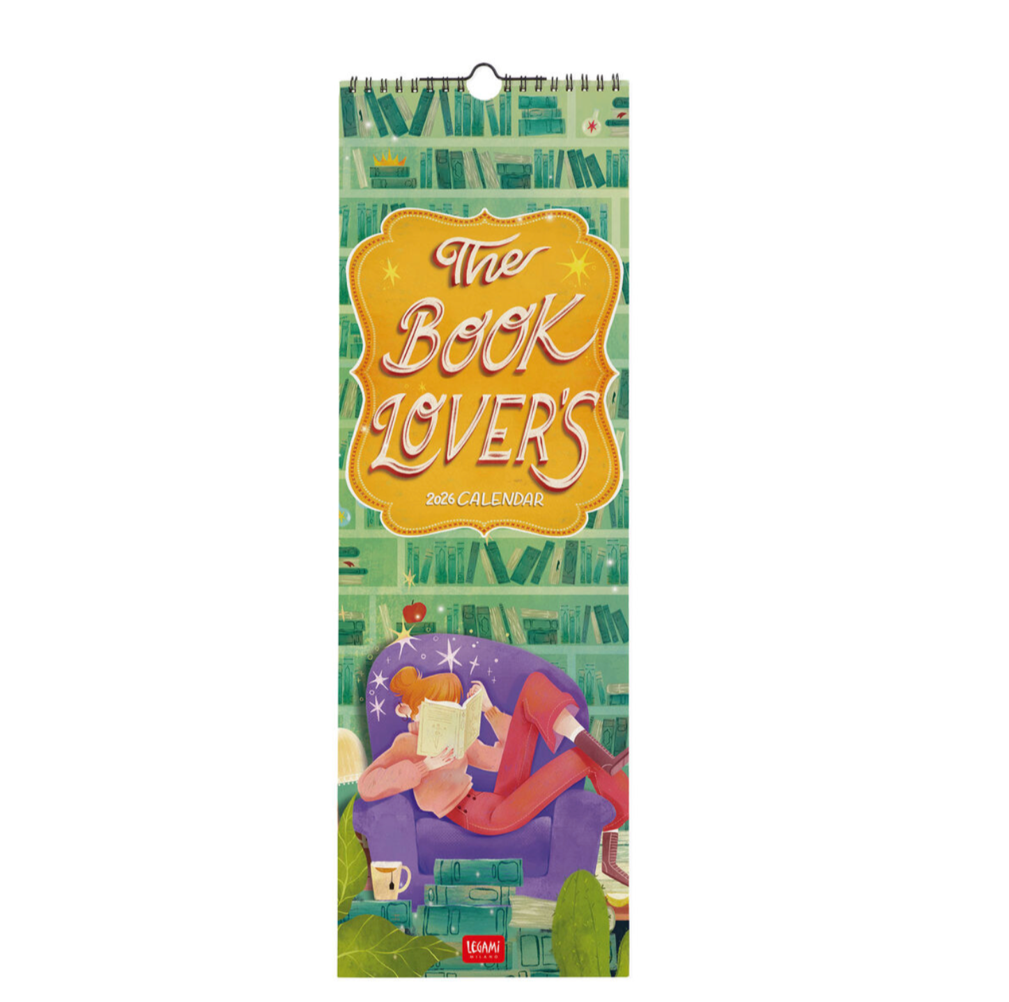 Calendar titled 'The Book Lover's' with a design of a person reading a book on a couch.