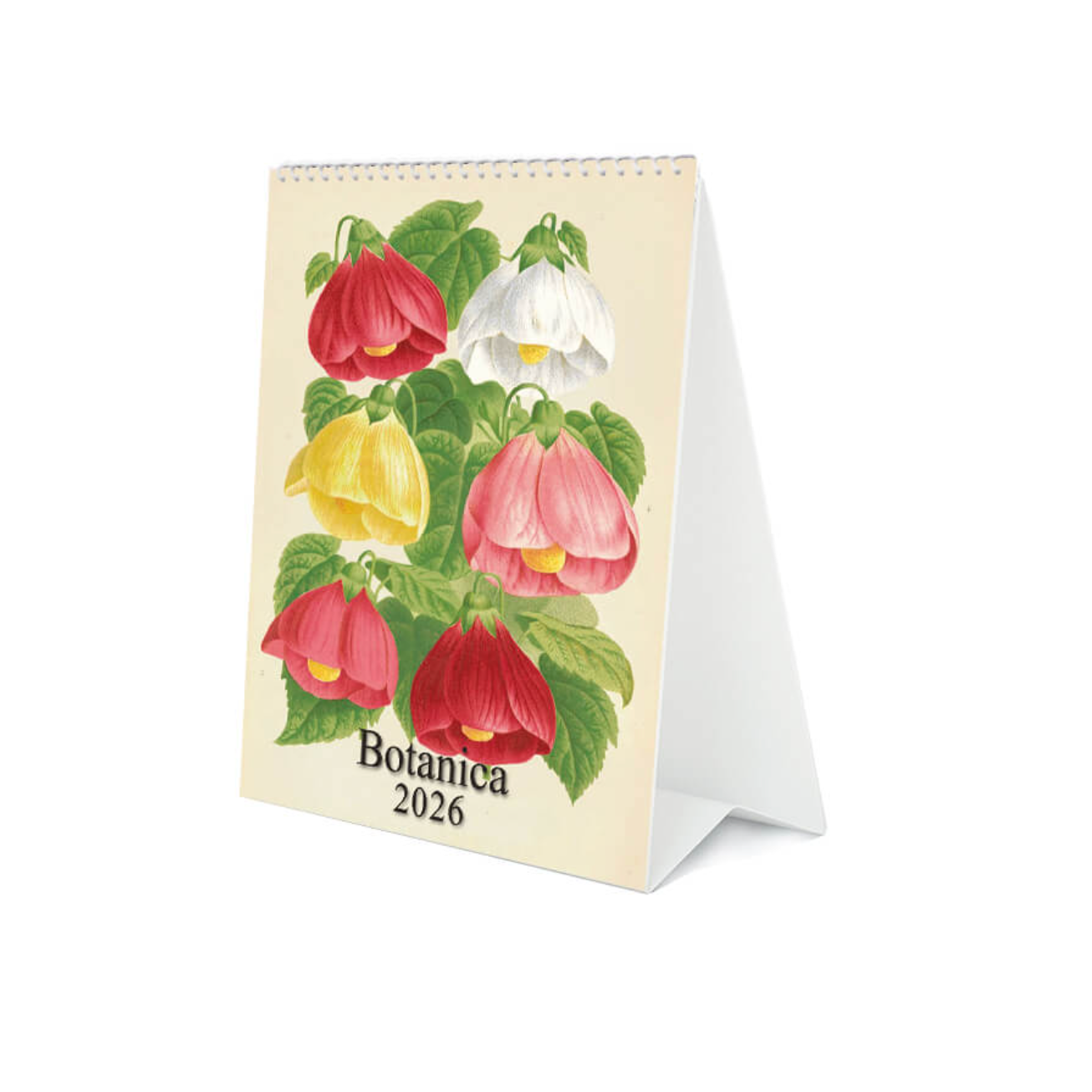 Small standing calendar with floral design and 'Botanica 2026' text on a white background