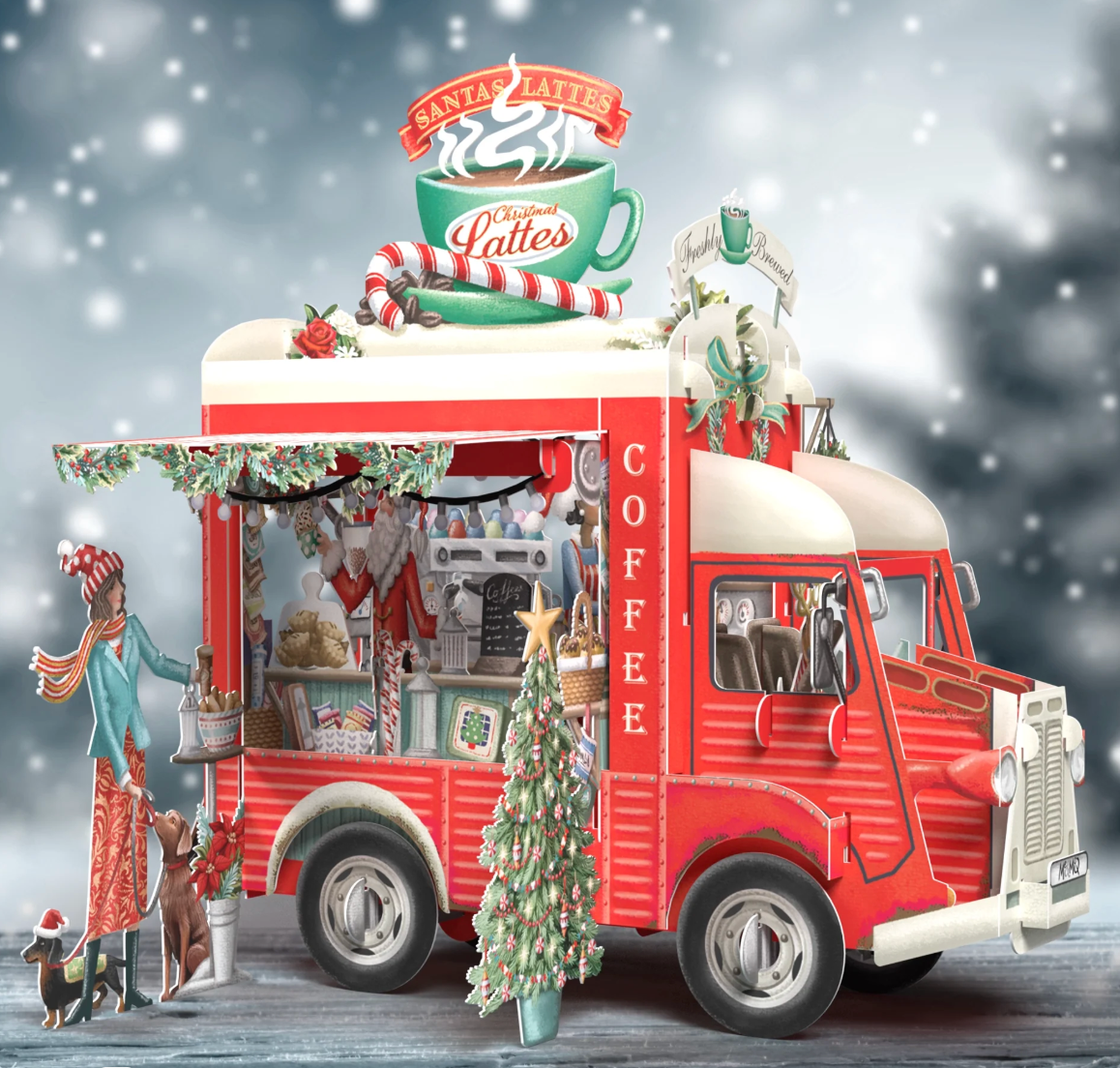 Red coffee truck with Christmas decorations and a Santa Latte sign on a snowy background.