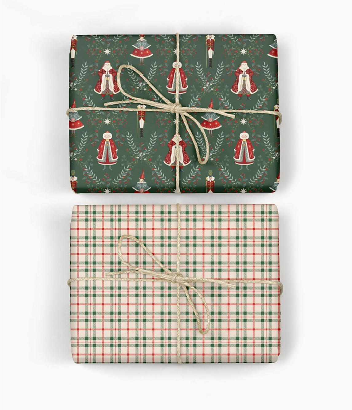 Two wrapped presents with festive patterns on a white background