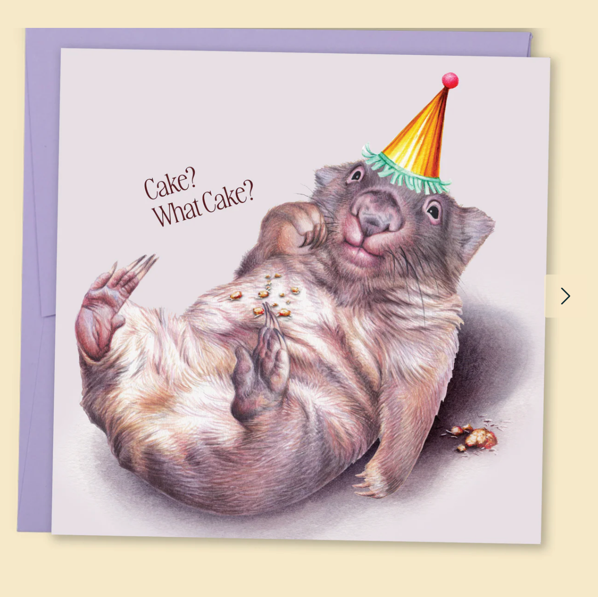 Greeting card with a wombat wearing a party hat and text 'Cake? What cake?' on a light purple background.