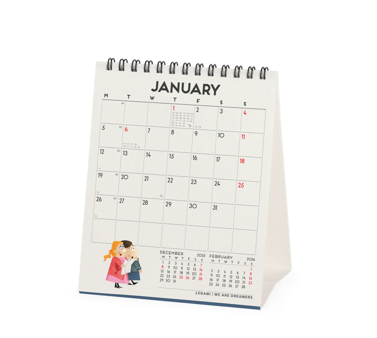 Calendar with illustrations of two people on a white background