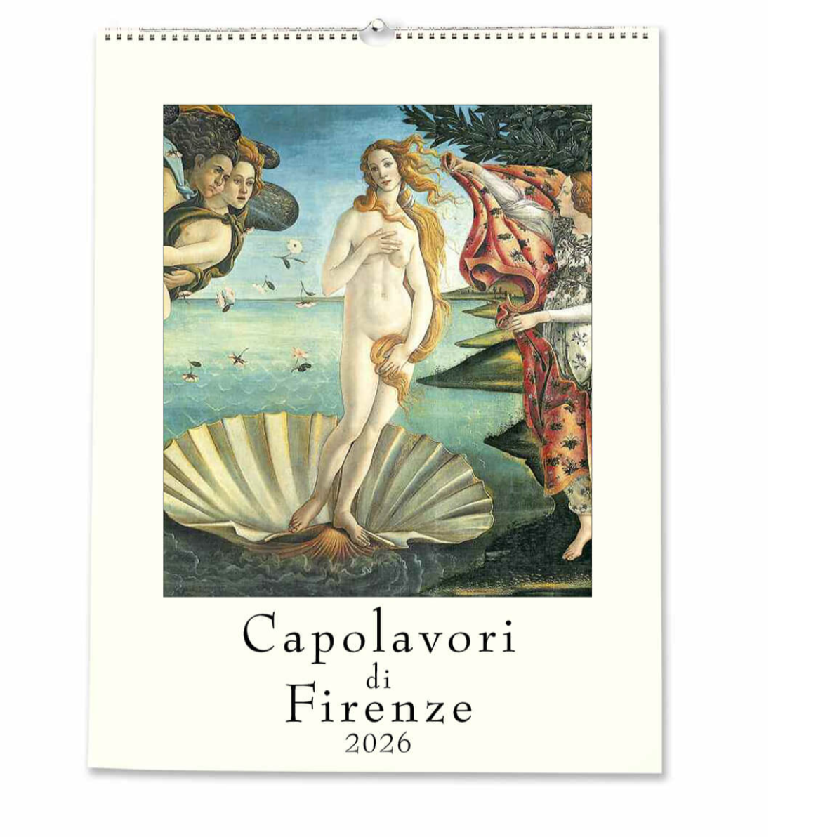 Calendar cover featuring a classical painting with 'Capolavori di Firenze 2026' text.