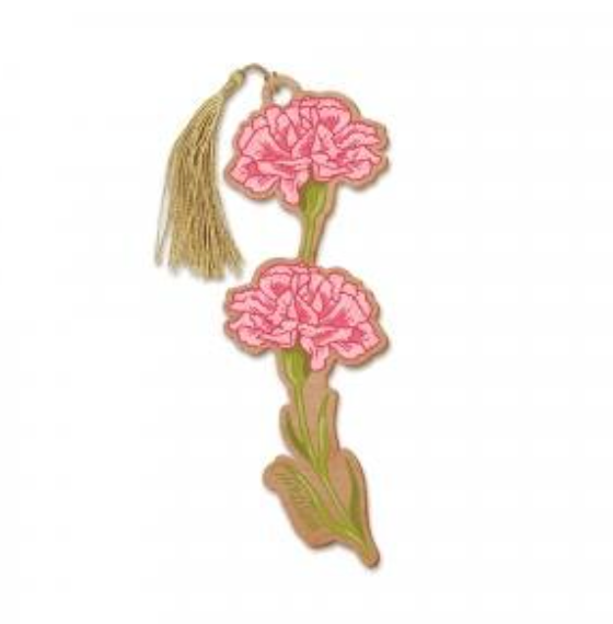 Floral bookmark with pink flowers and a tassel on a white background