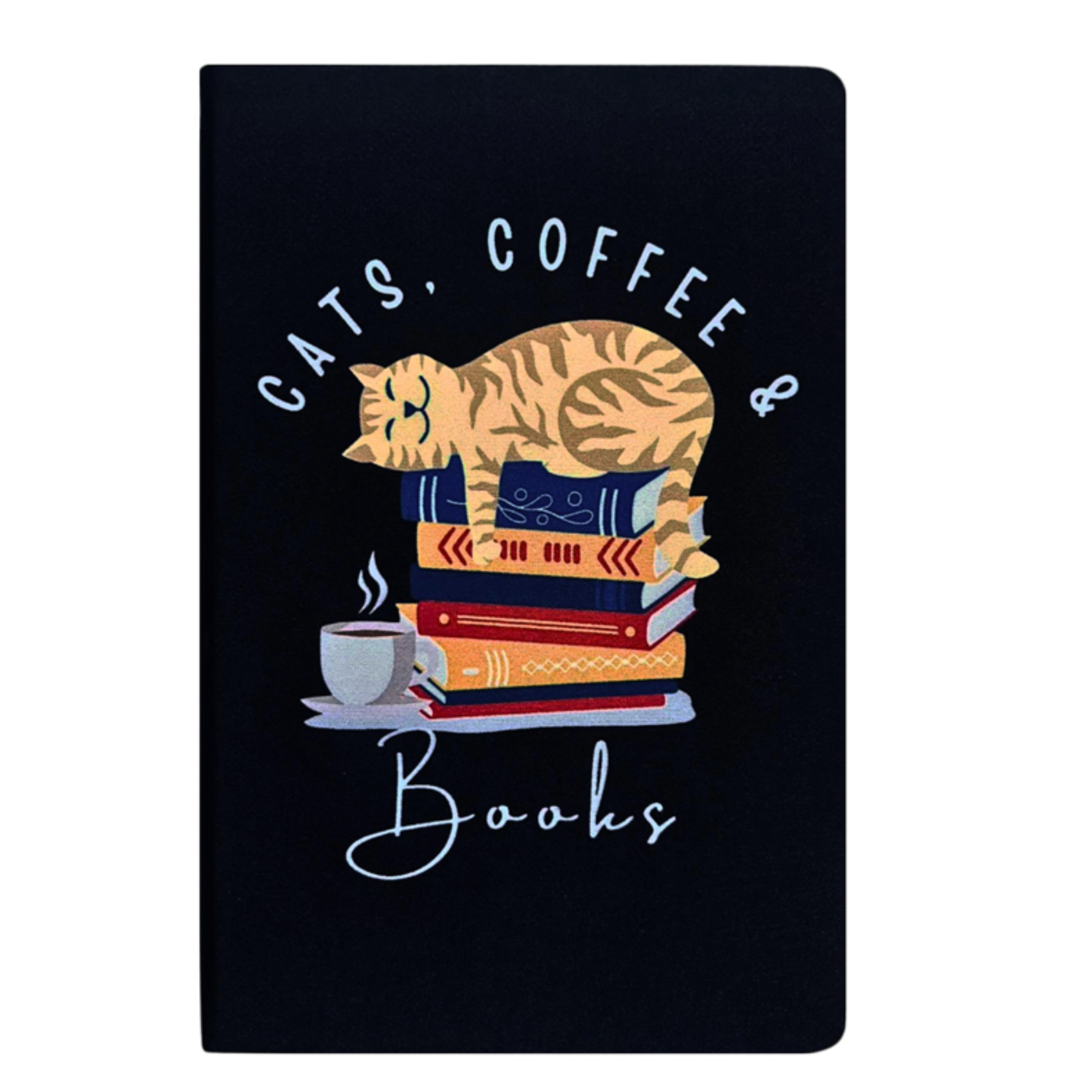 Navy fabric notebook with a cat, coffee, and books illustration on a white background