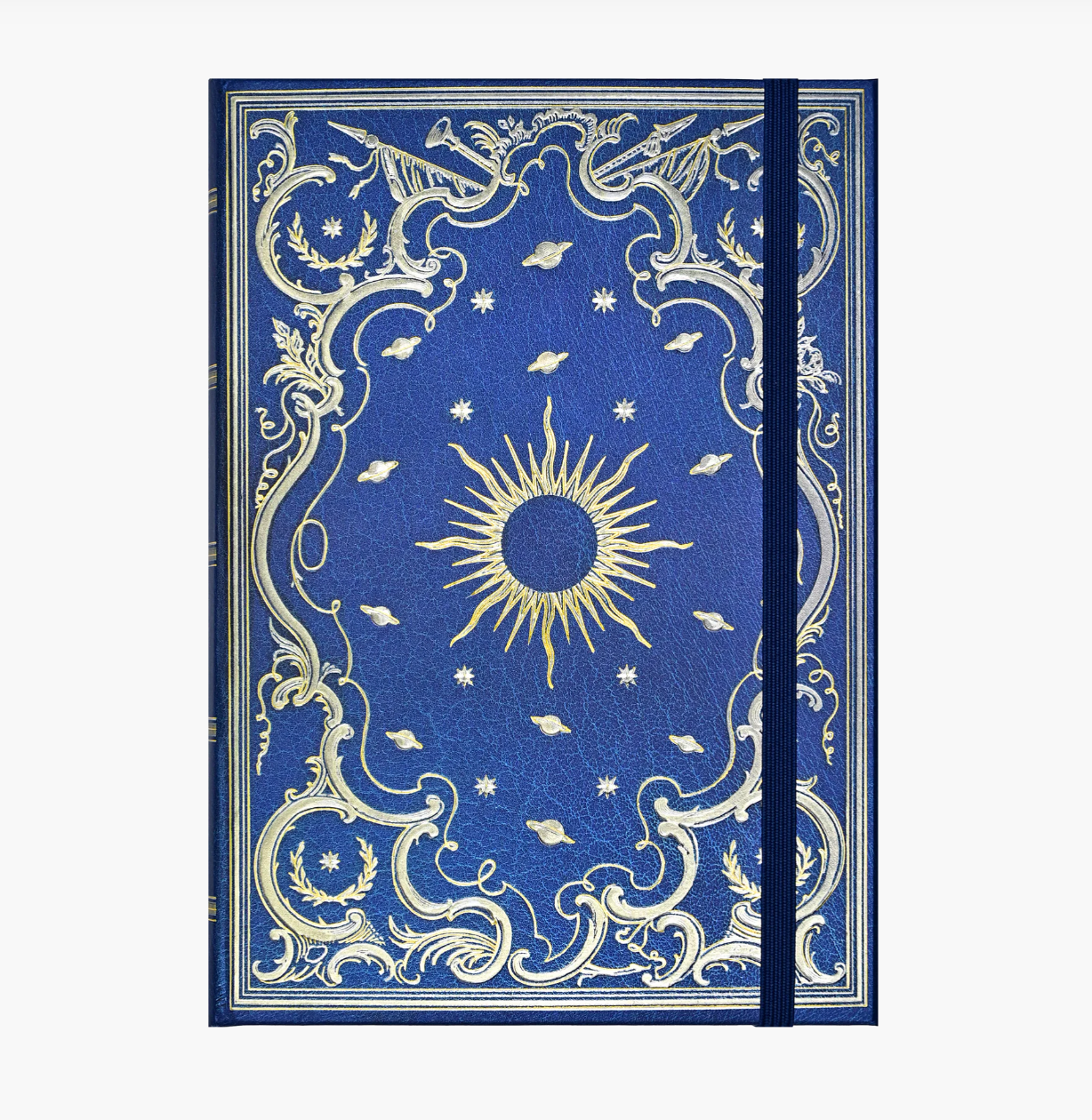 Decorative notebook with sun and star design on a blue background